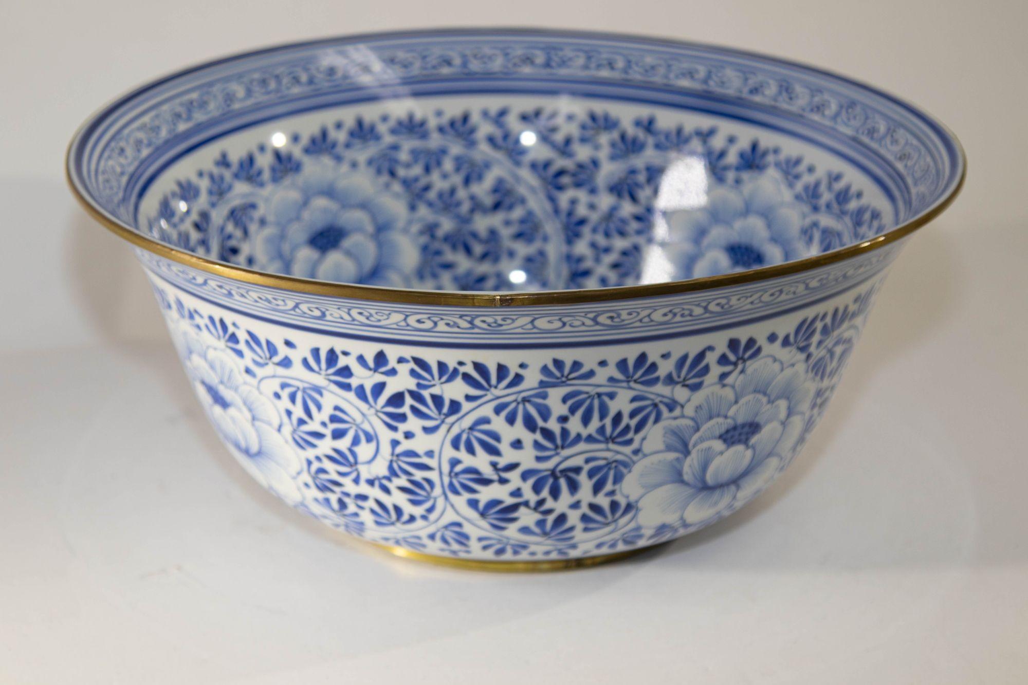 Hand-Crafted Vintage Maitland Smith Blue and White Large Porcelain Bowl in Floral Pattern For Sale