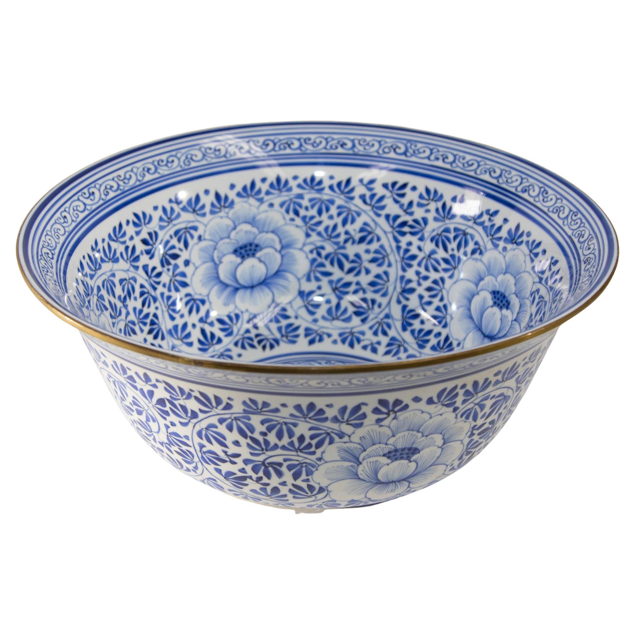 Grand bol en porcelaine bleu et blanc vintage Maitland Smith à motifs floraux