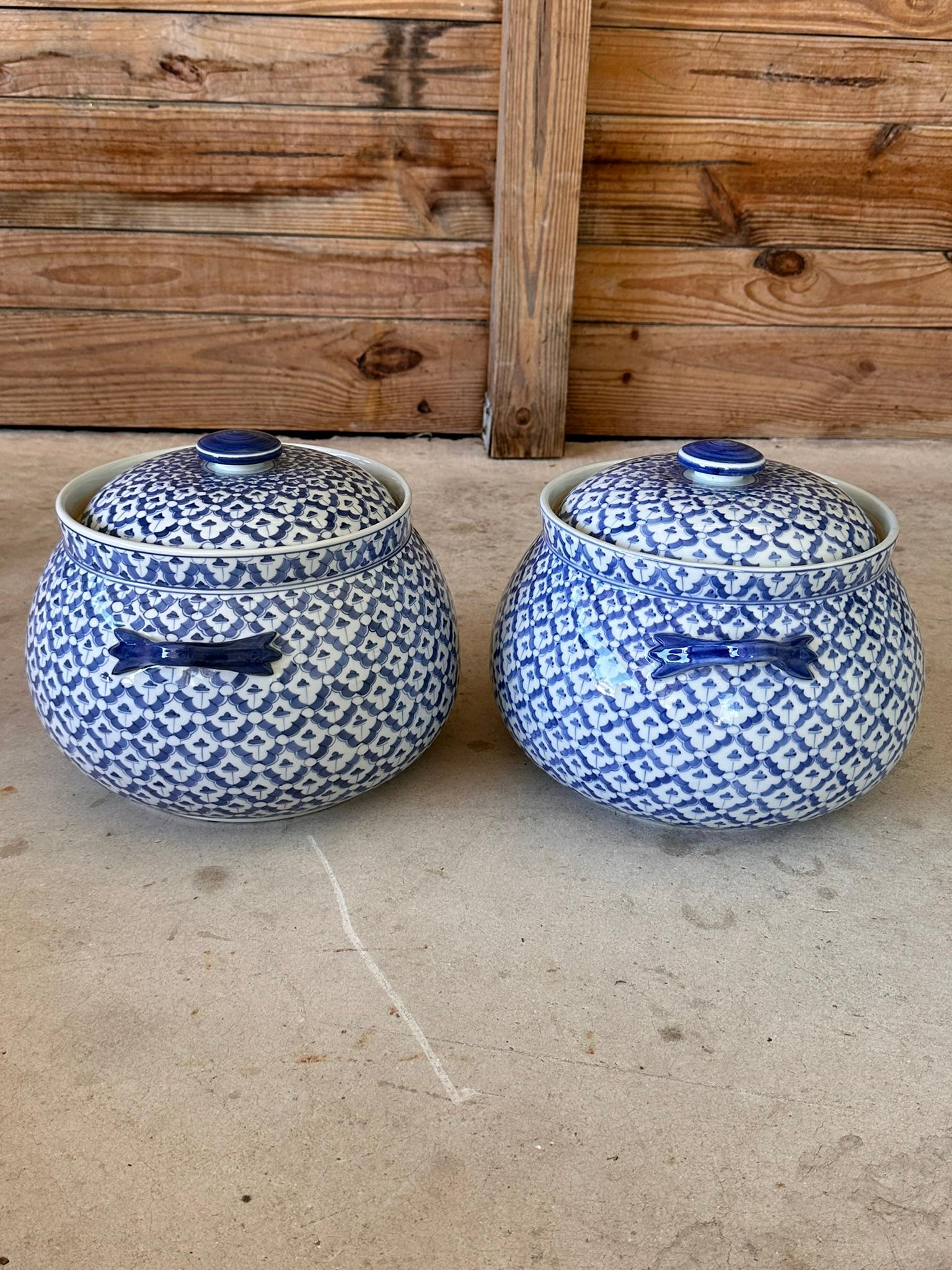 Vintage Maitland-Smith Blue and White Lidded Porcelain Tureens-Pair For Sale 4