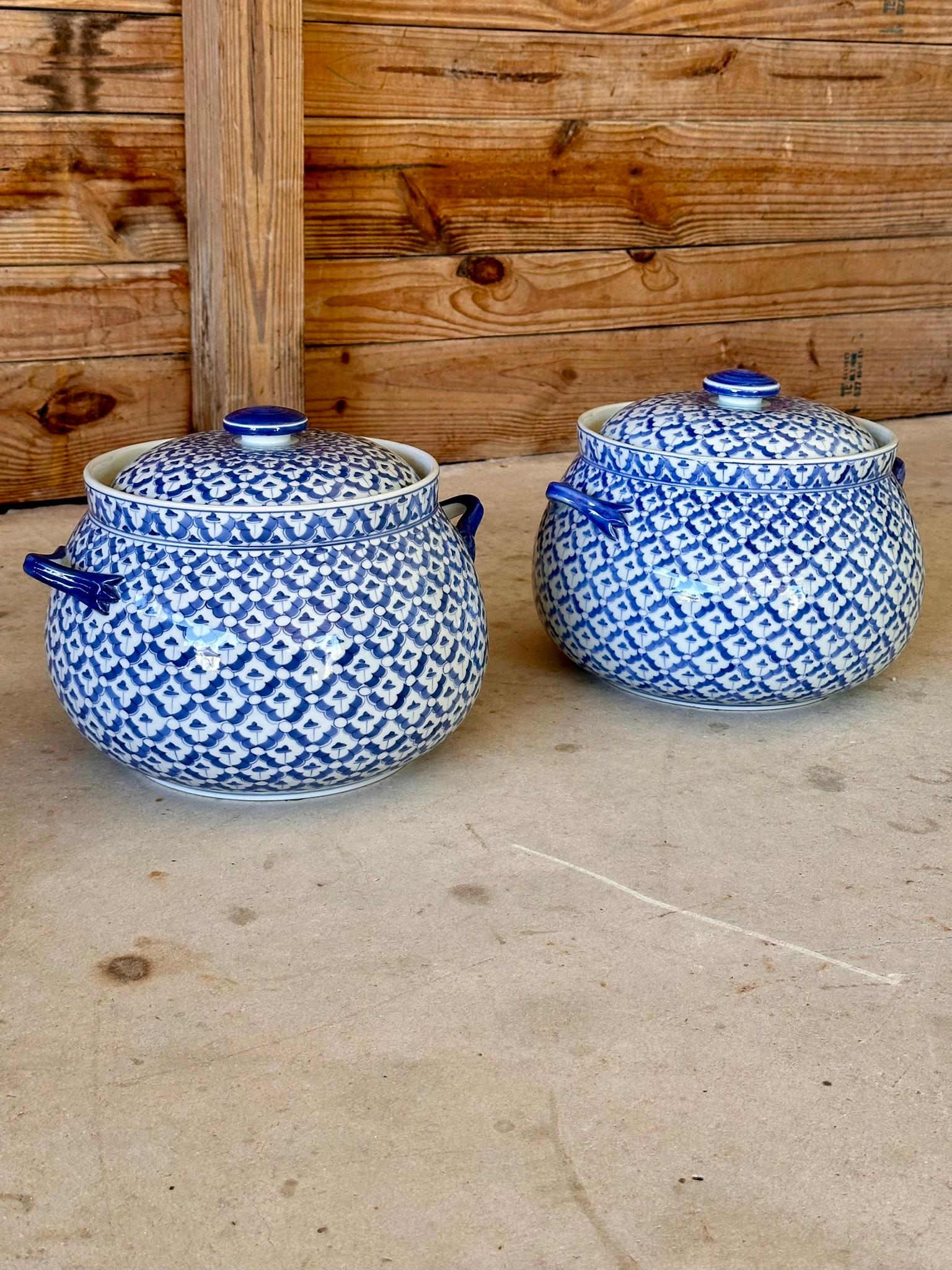 Vintage Maitland-Smith Blue and White Lidded Porcelain Tureens-Pair For Sale 10