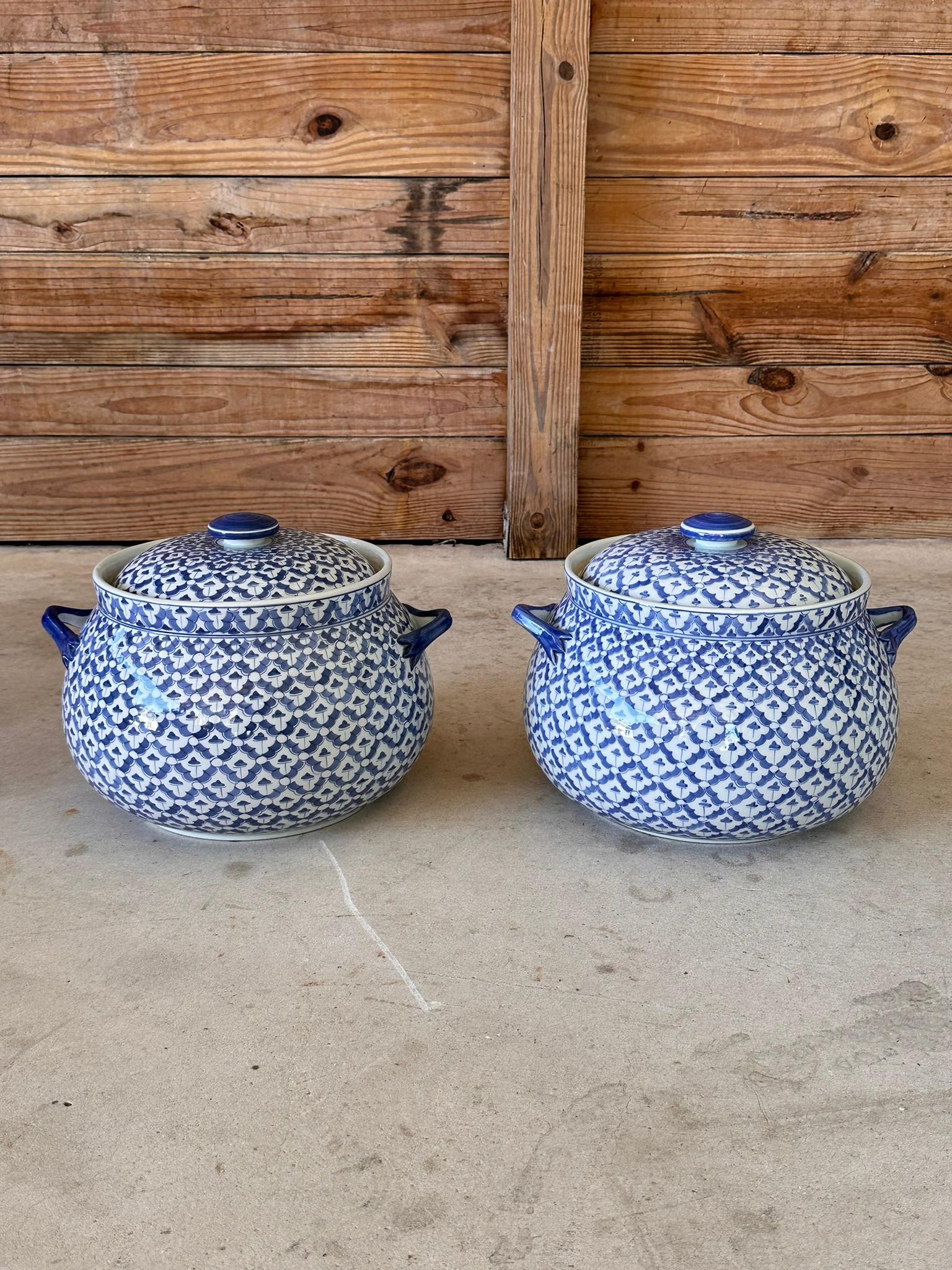 Thai Vintage Maitland-Smith Blue and White Lidded Porcelain Tureens-Pair For Sale