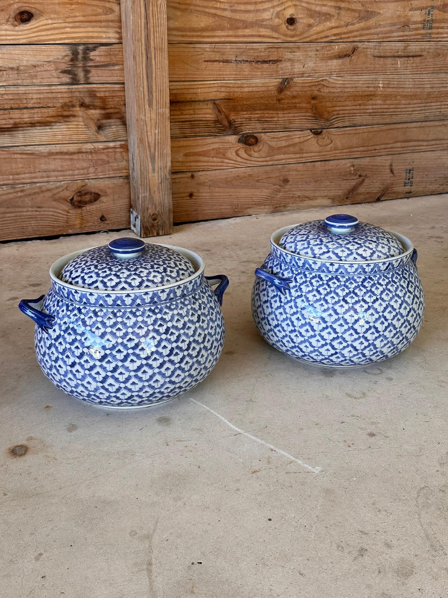 Hand-Crafted Vintage Maitland-Smith Blue and White Lidded Porcelain Tureens-Pair For Sale