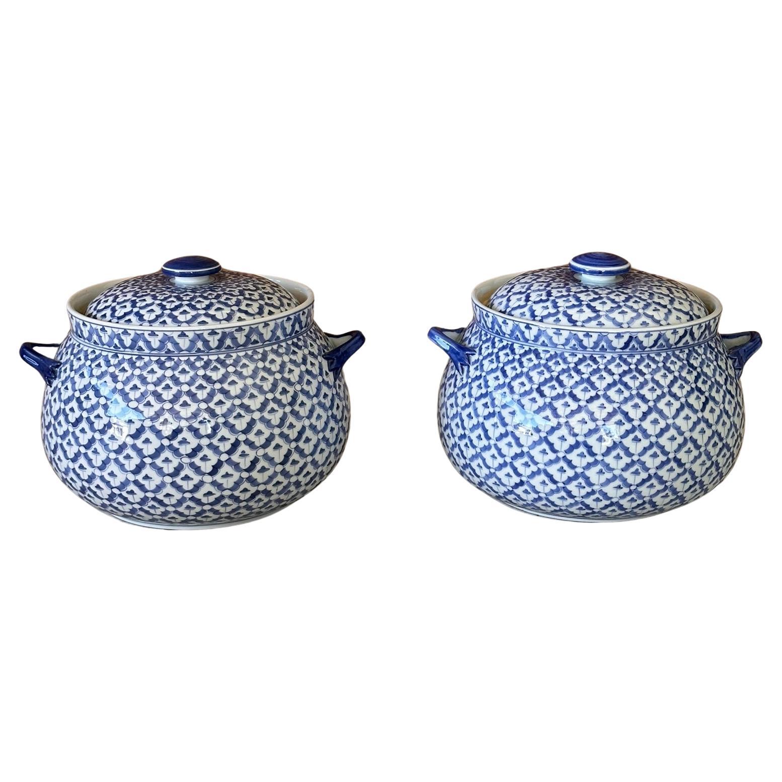 Vintage Maitland-Smith Blue and White Lidded Porcelain Tureens-Pair For Sale