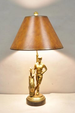 Vintage Maitland Smith Bronze Figure Golfer Sculpture Table Lamp w Leather Shade