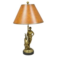 Vintage Maitland Smith Bronze Figure Golfer Sculpture Table Lamp w Leather Shade
