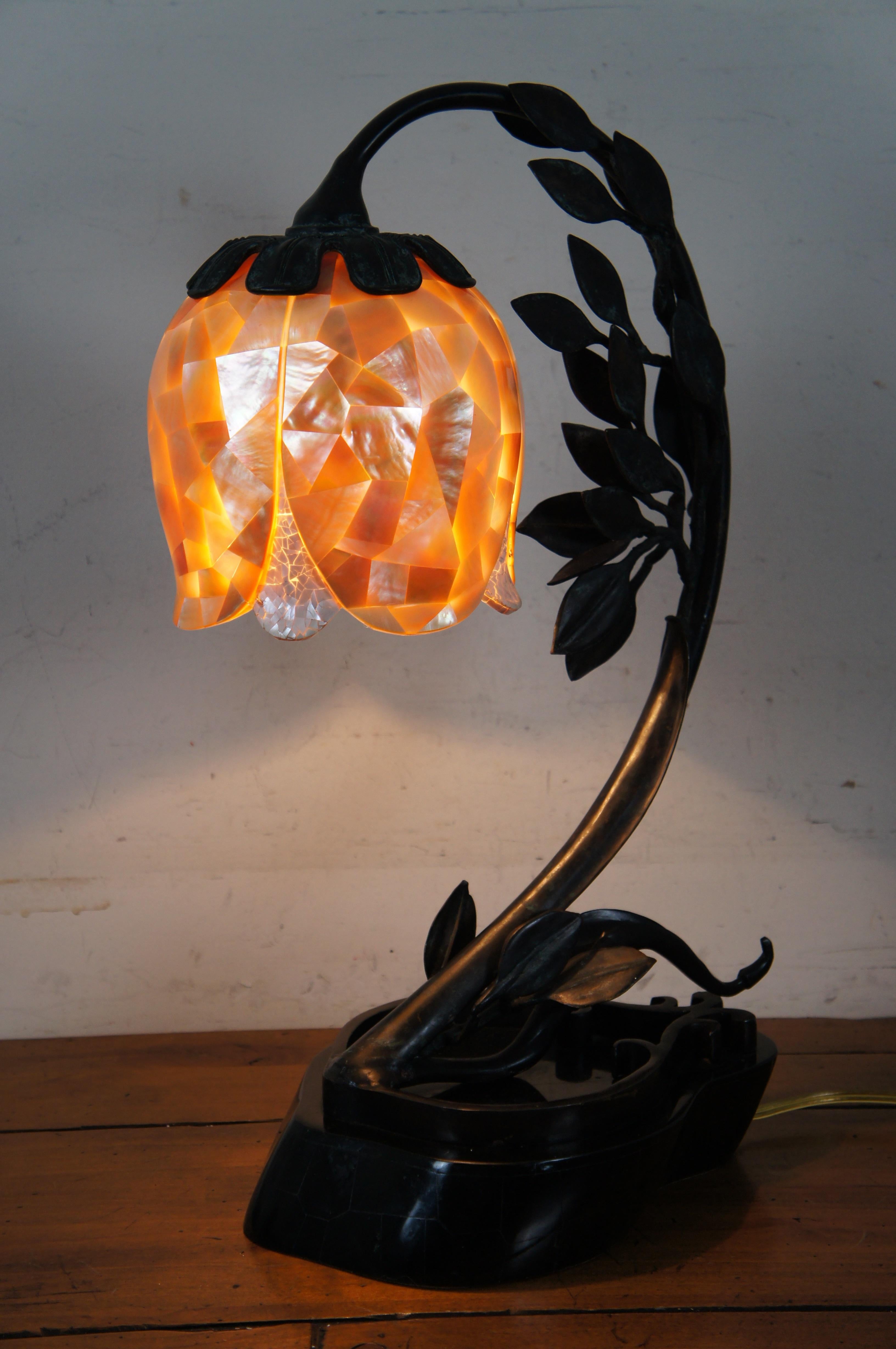 Vintage Maitland Smith Bronze Marble Mother of Pearl Tulip Flower Desk Lamp 22