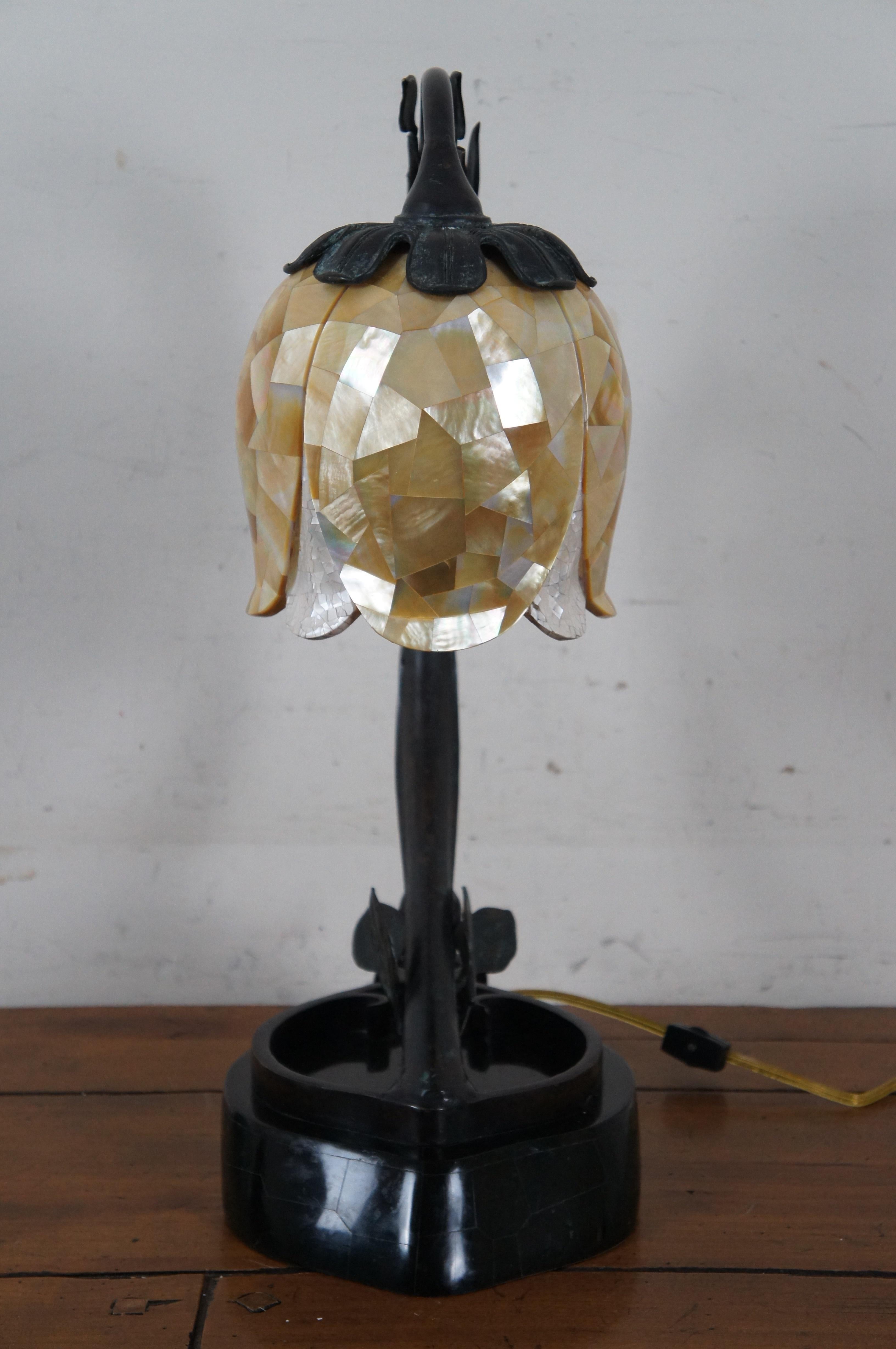 Vintage Maitland Smith Bronze Marble Mother of Pearl Tulip Flower Desk Lamp 22