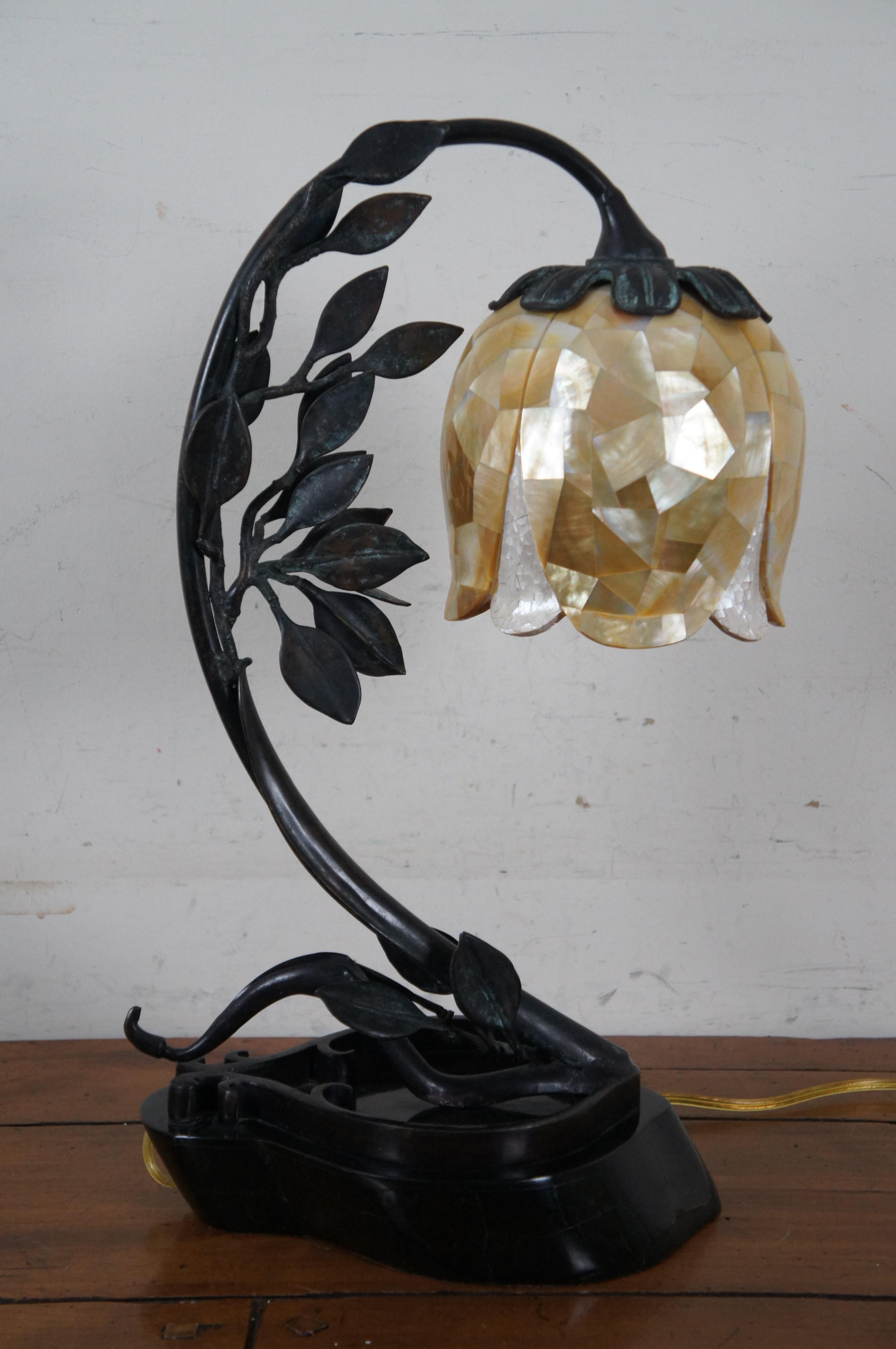 20th Century Vintage Maitland Smith Bronze Marble Mother of Pearl Tulip Flower Desk Lamp 22