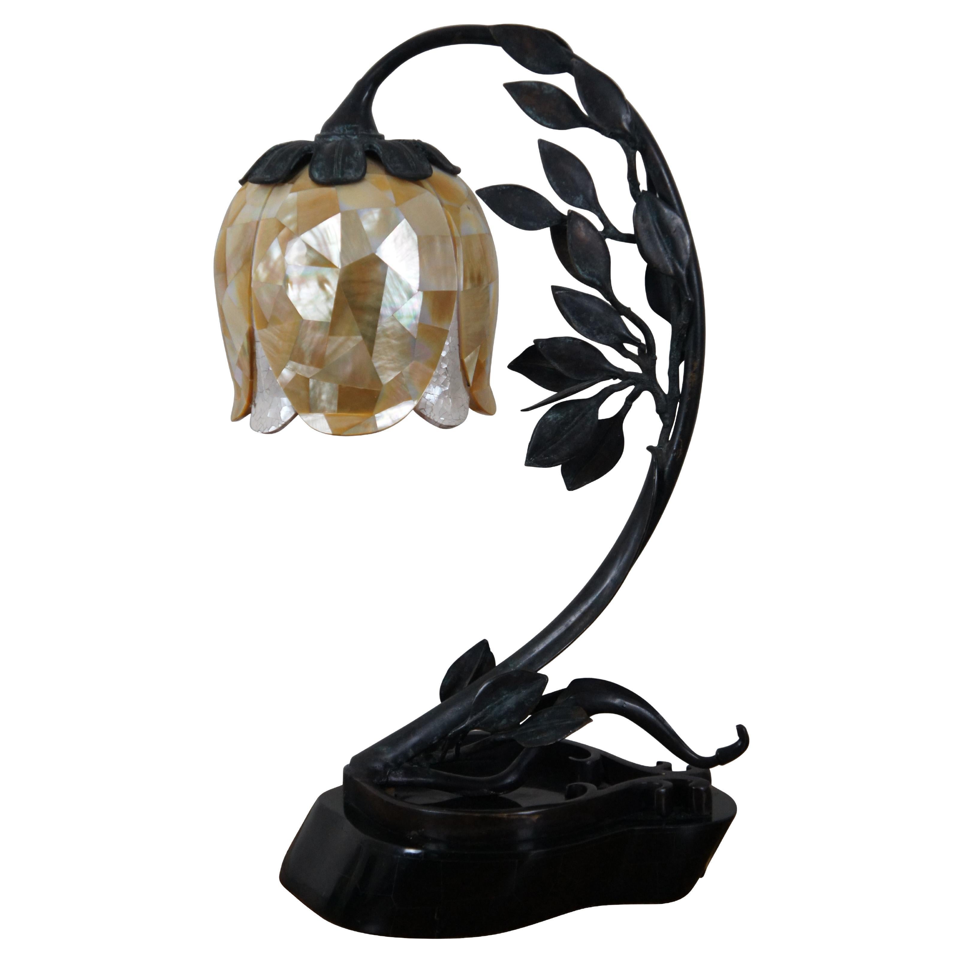 Vintage Maitland Smith Bronze Marble Mother of Pearl Tulip Flower Desk Lamp 22" For Sale