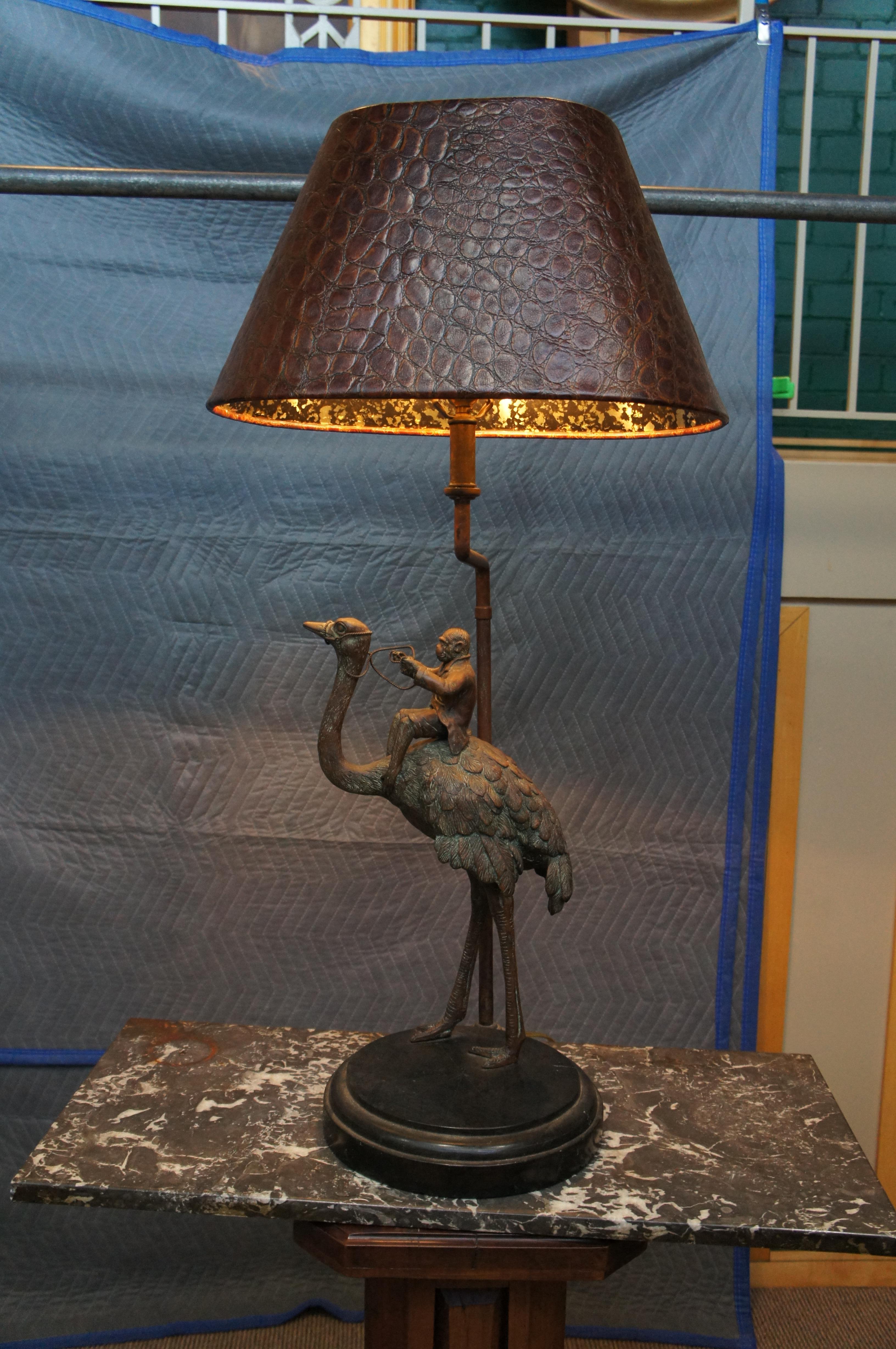 Vintage Maitland Smith Bronze Affen Reiter Strauß Tischlampe Lederschirm 39