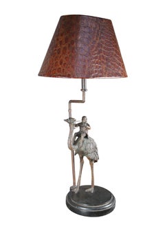 Vintage Maitland Smith Bronze Monkey Riding Ostrich Table Lamp Leather Shade 39"