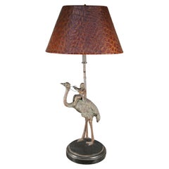 Lampe de bureau vintage Maitland Smith en bronze représentant un singe chevauchant une autruche et abat-jour en cuir 39"