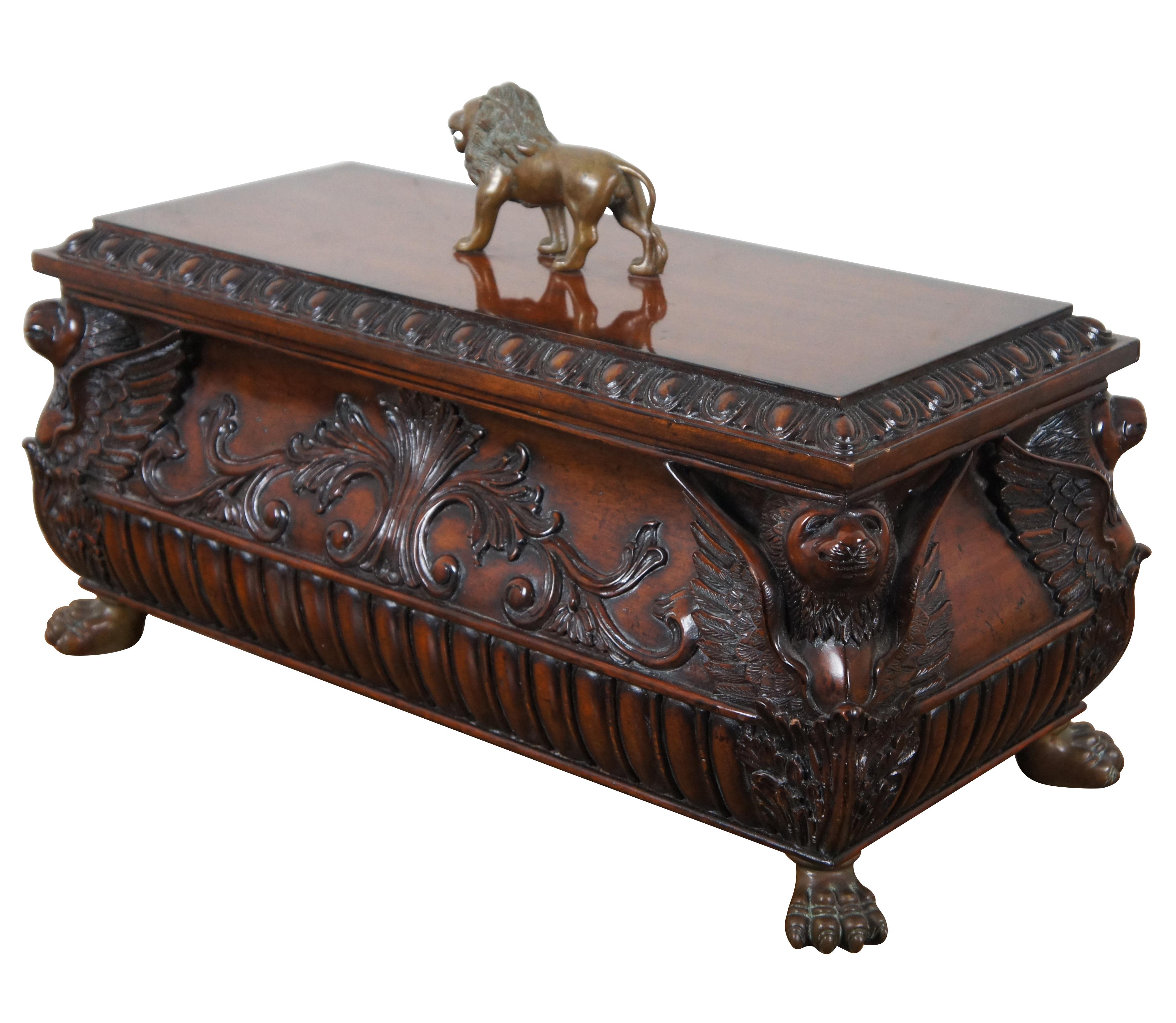 Egyptian Revival Vintage Maitland Smith Carved Mahogany Brass Footed Lion Box Casket Chest