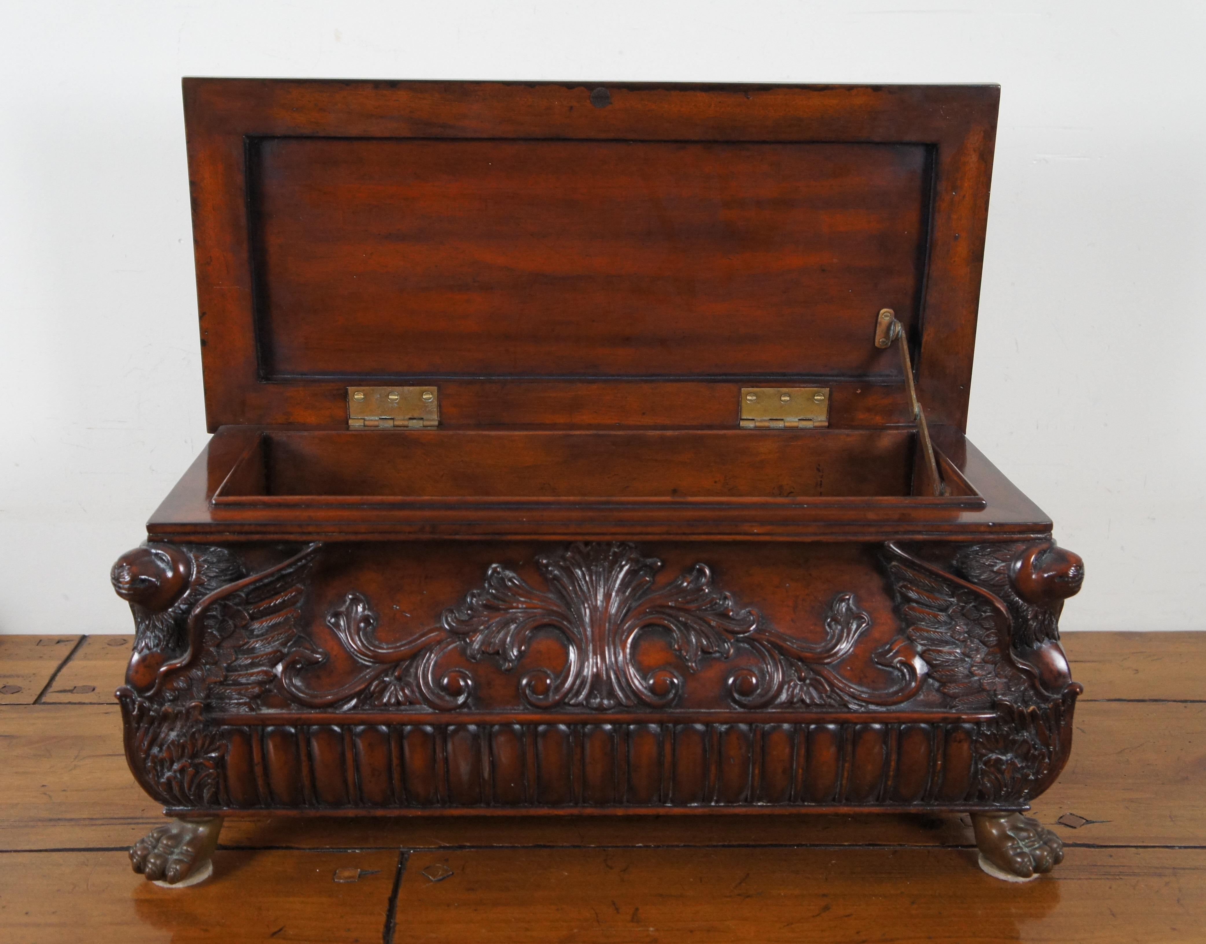 Vintage Maitland Smith Carved Mahogany Brass Footed Lion Box Casket Chest In Good Condition In Dayton, OH