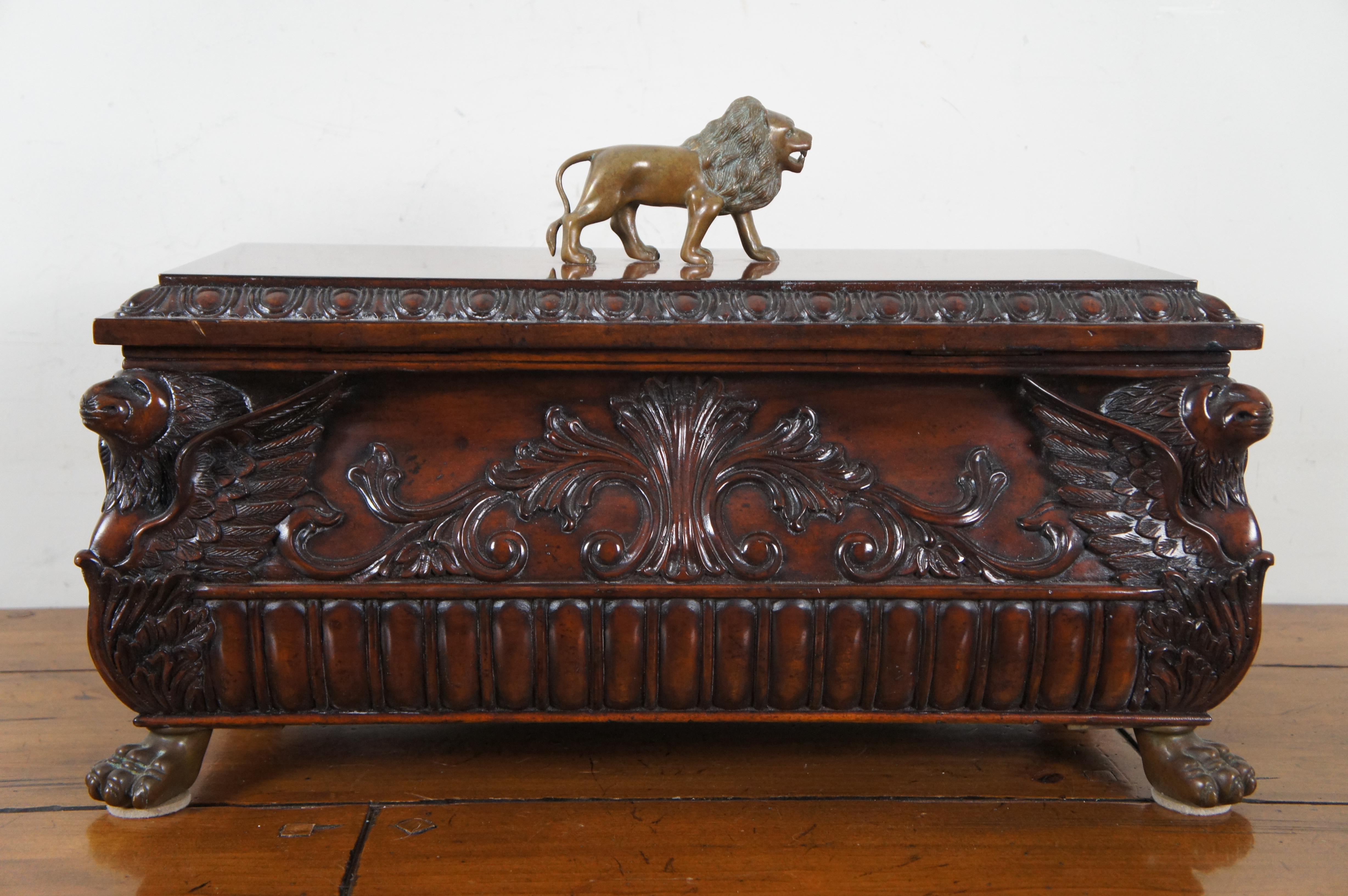 Vintage Maitland Smith Carved Mahogany Brass Footed Lion Box Casket Chest 3