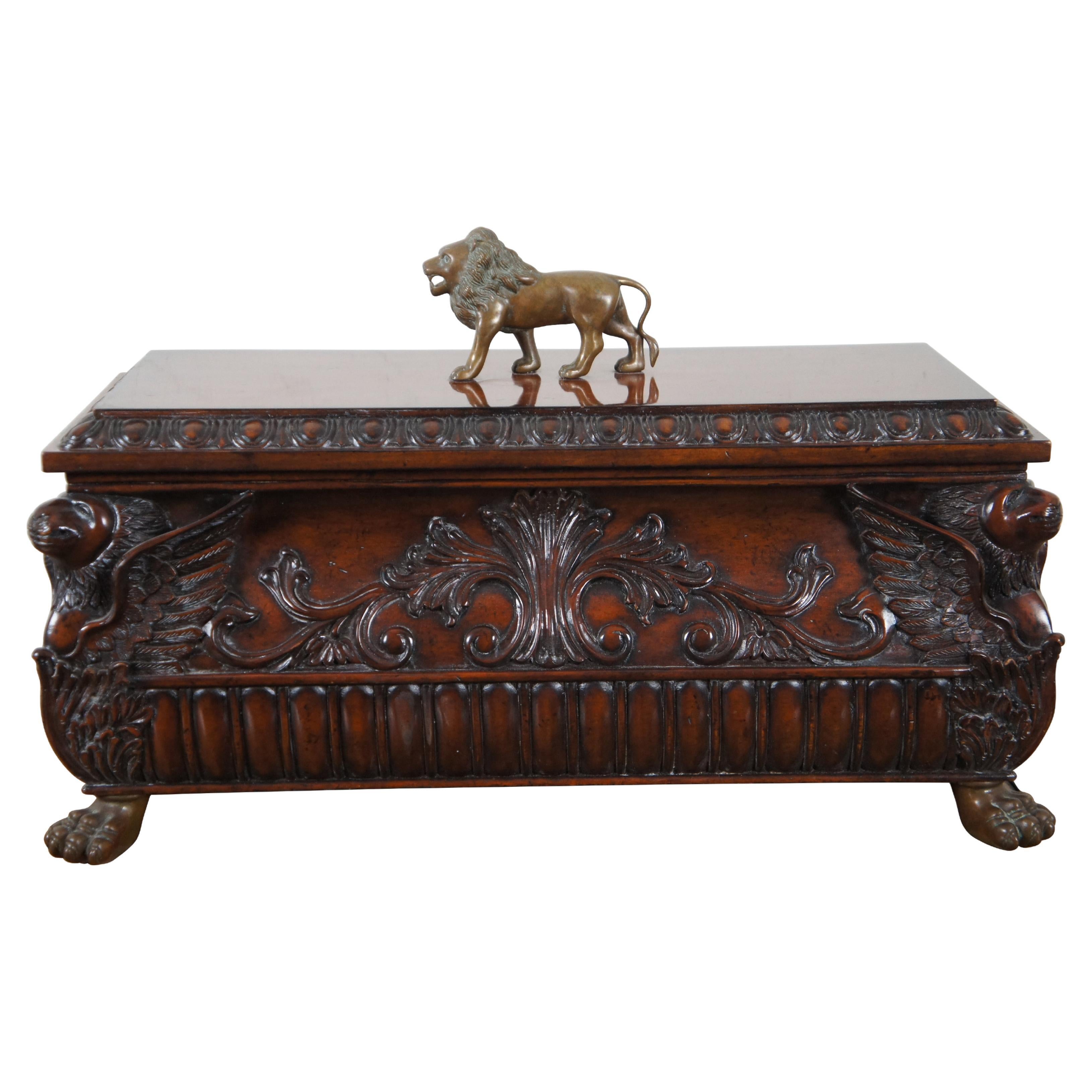 Vintage Maitland Smith Carved Mahogany Brass Footed Lion Box Casket Chest