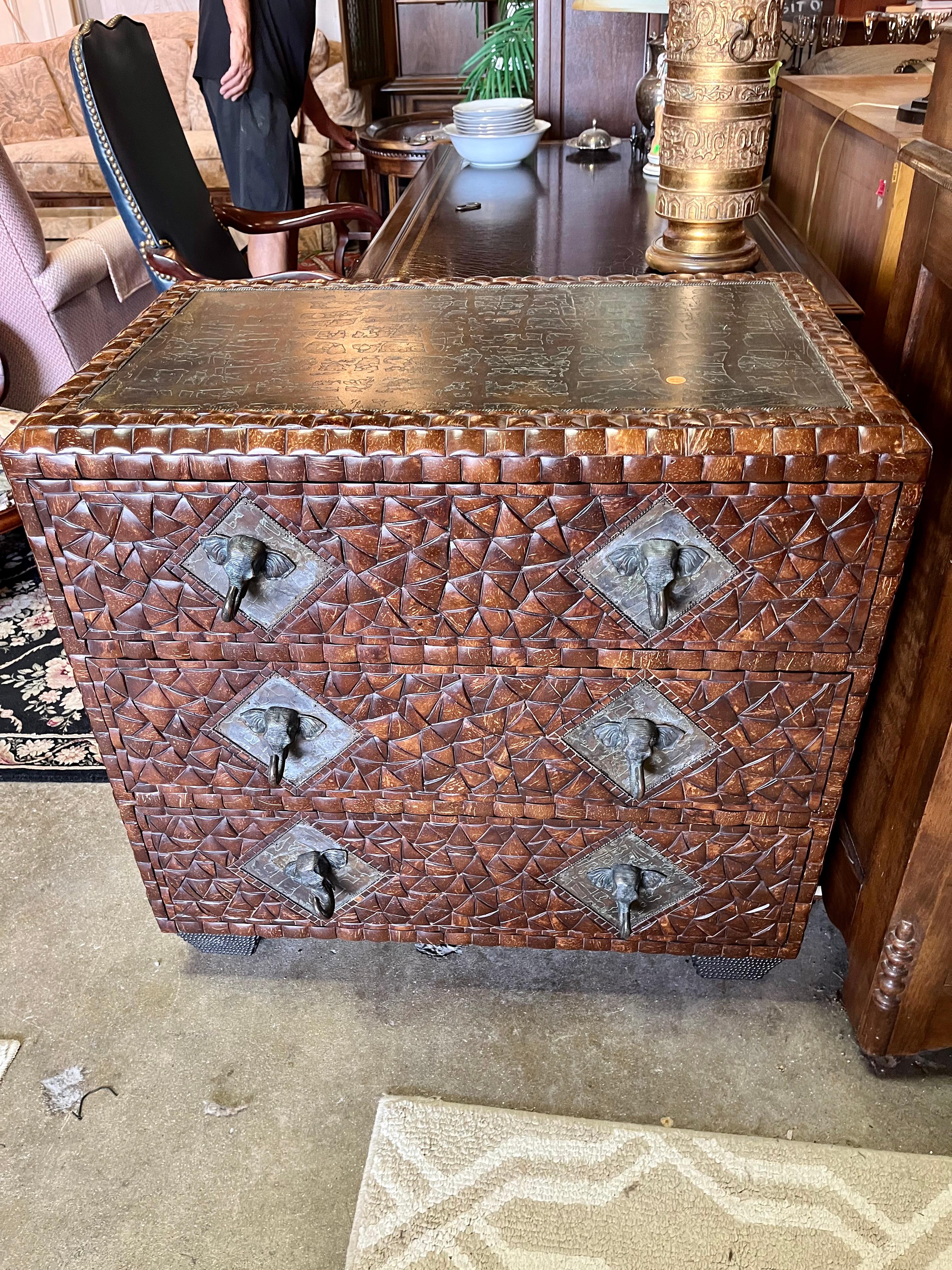 Philippine Vintage Maitland Smith Coconut Shell Chest of Drawers with Bronze Elephant Pulls For Sale