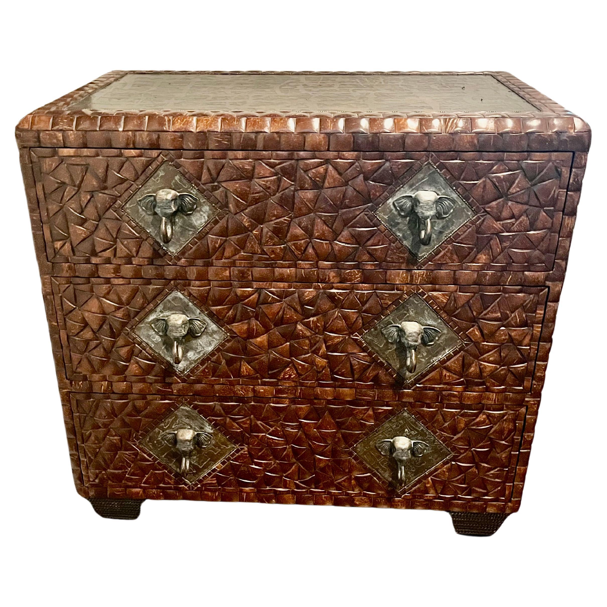 Vintage Maitland Smith Coconut Shell Chest of Drawers with Bronze Elephant Pulls For Sale