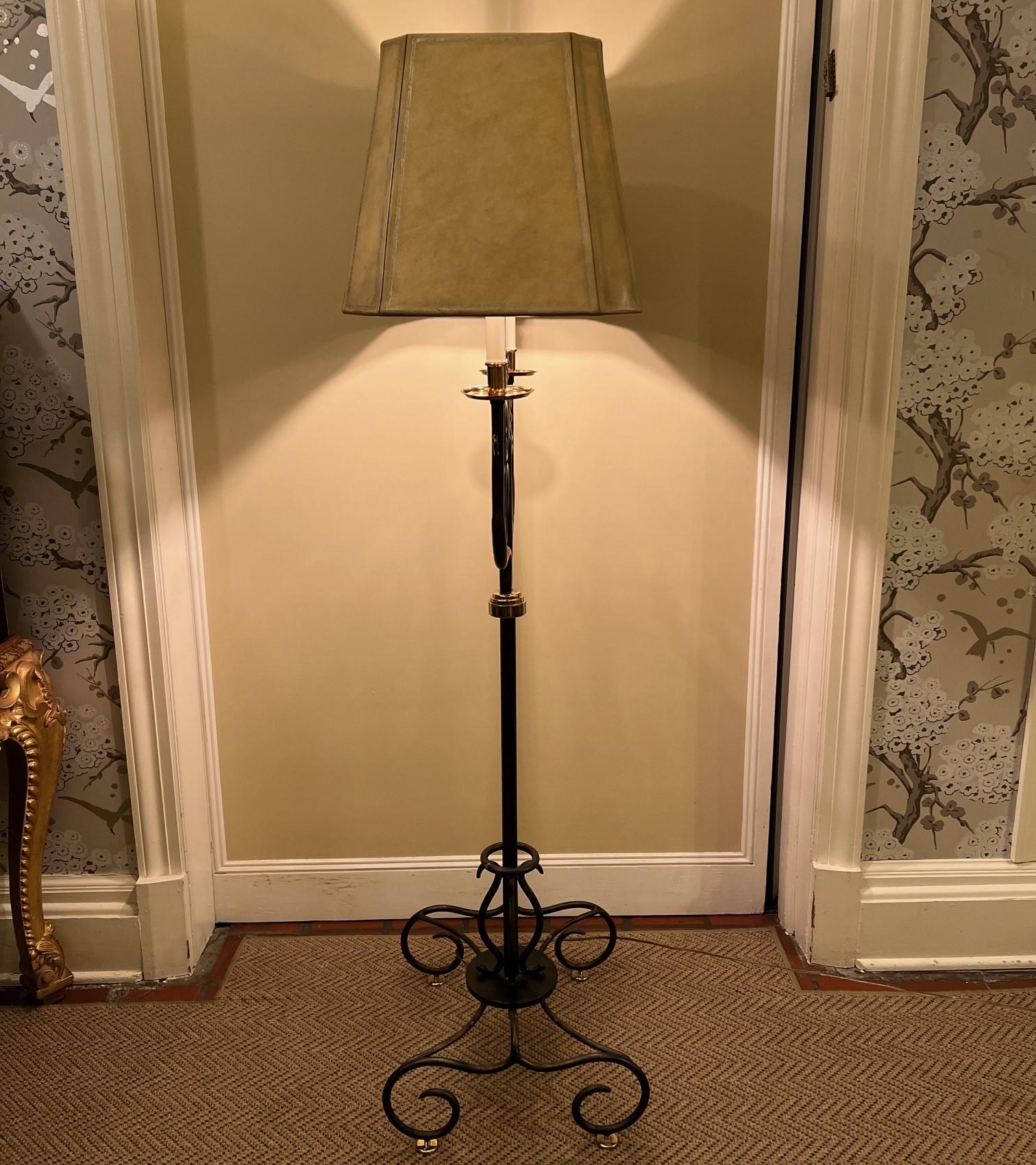 Vintage Maitland-Smith Double Arm Brass and Bronze Floor Lamp with Foiled Shade For Sale 5