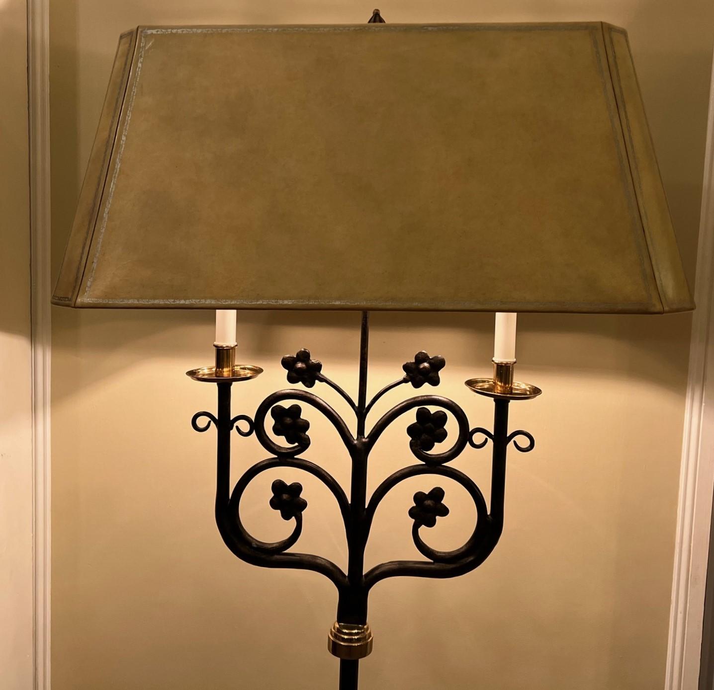 Polished Vintage Maitland-Smith Double Arm Brass and Bronze Floor Lamp with Foiled Shade For Sale