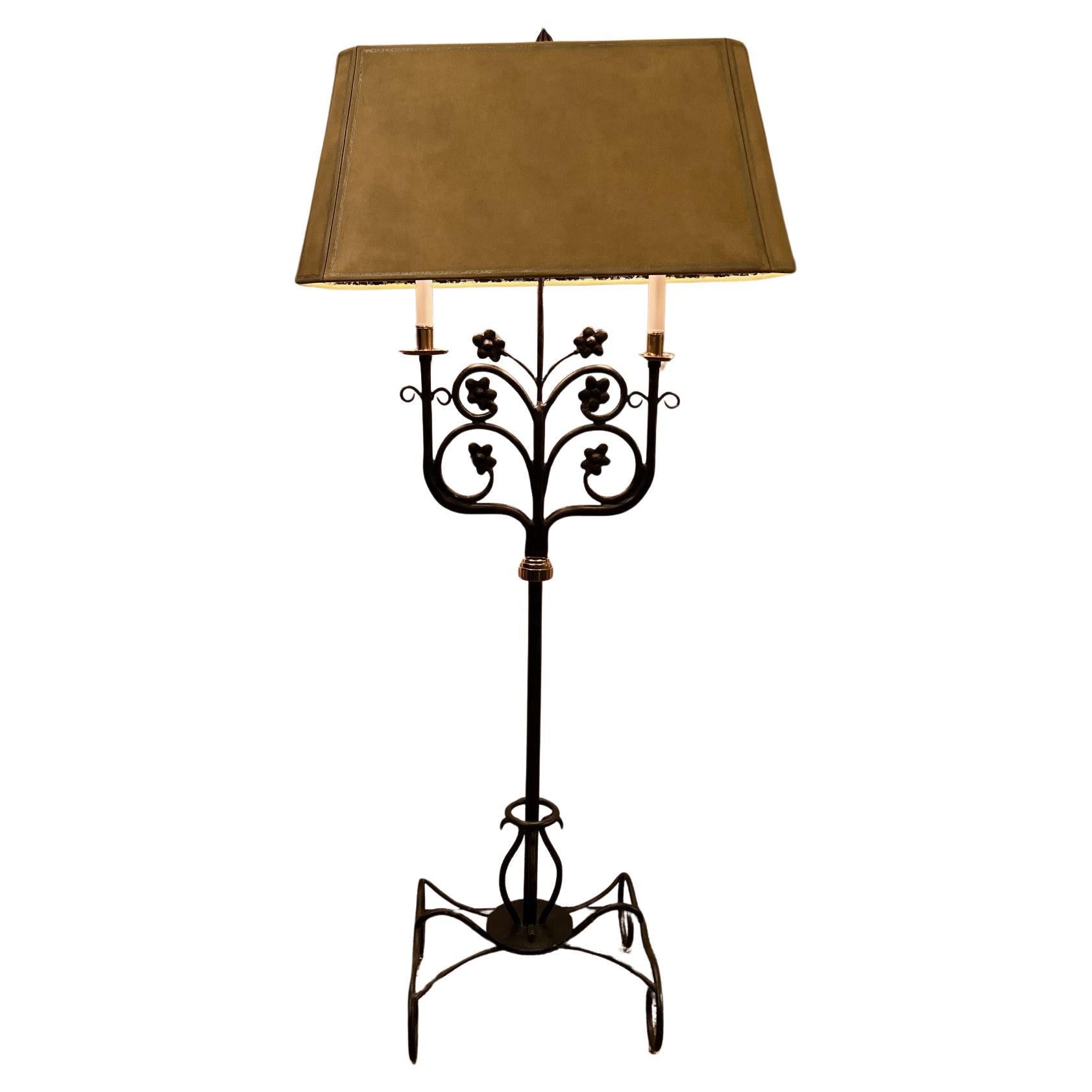 Vintage Maitland-Smith Double Arm Brass and Bronze Floor Lamp with Foiled Shade For Sale