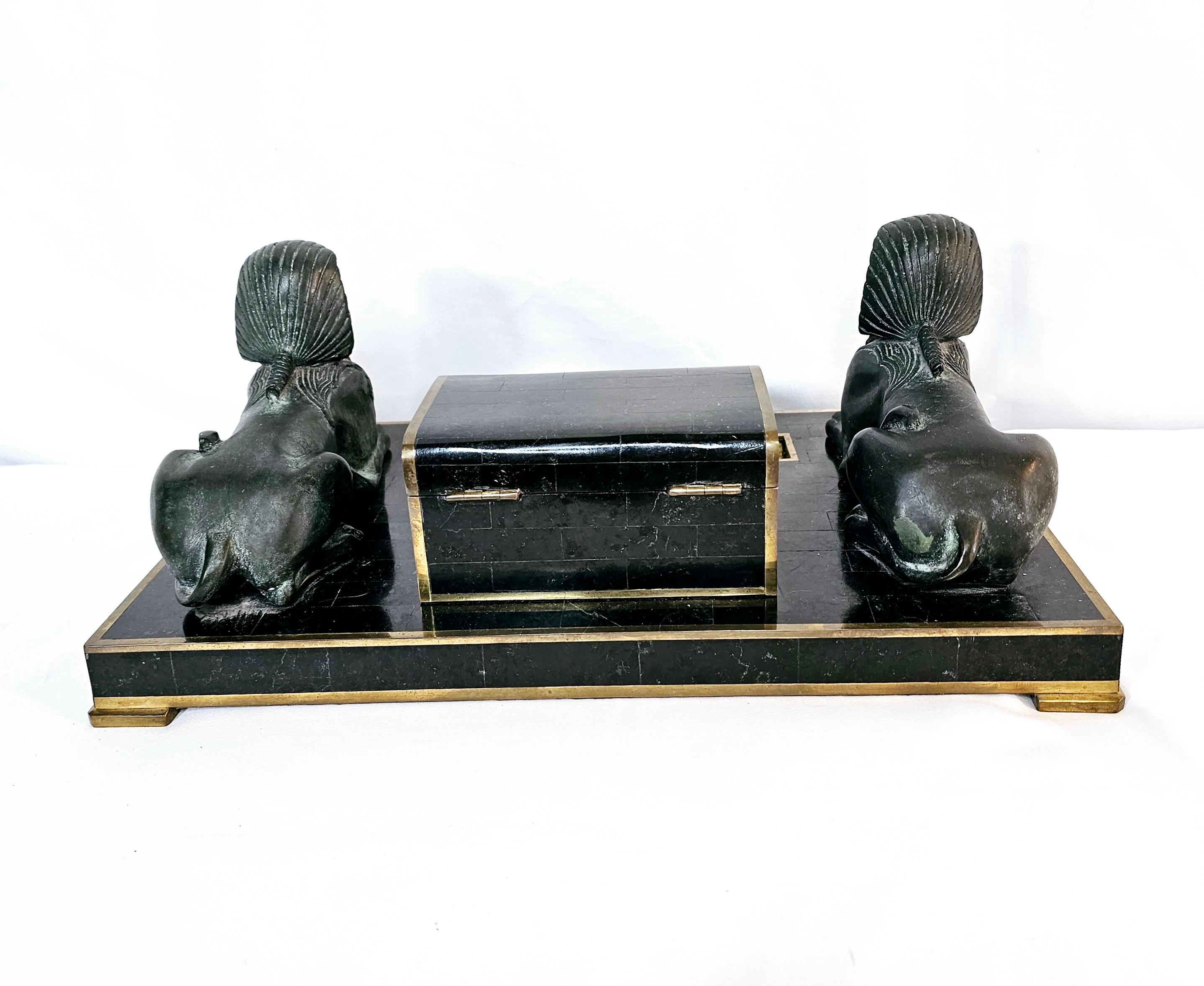 Vintage Maitland-Smith Egyptian Revival Tessellated Marble Inkwell In Good Condition For Sale In Waxahachie, TX