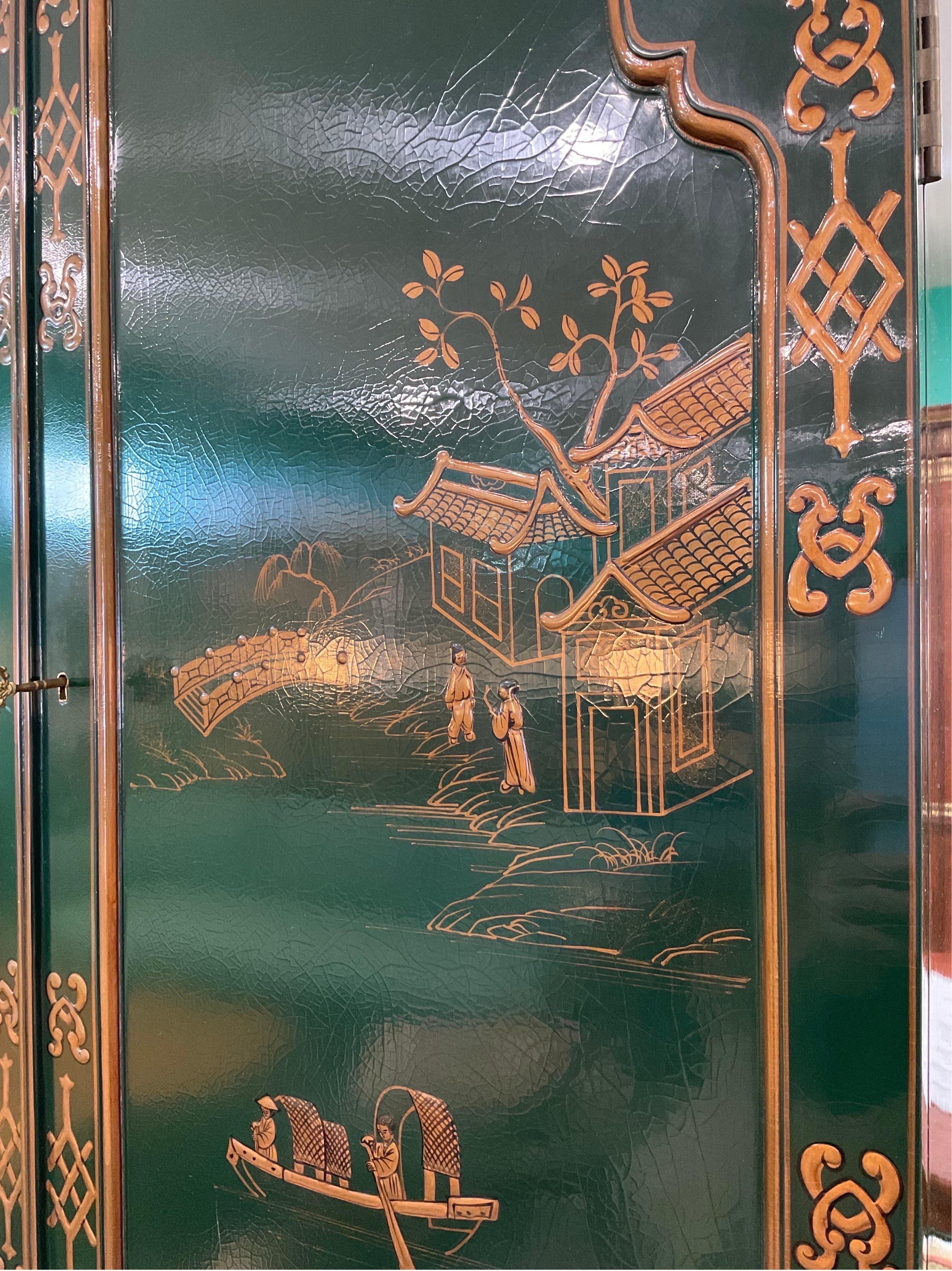 Vintage Maitland-Smith Emerald Green Lacquered Chinoiserie Broken Pediment Secre 5