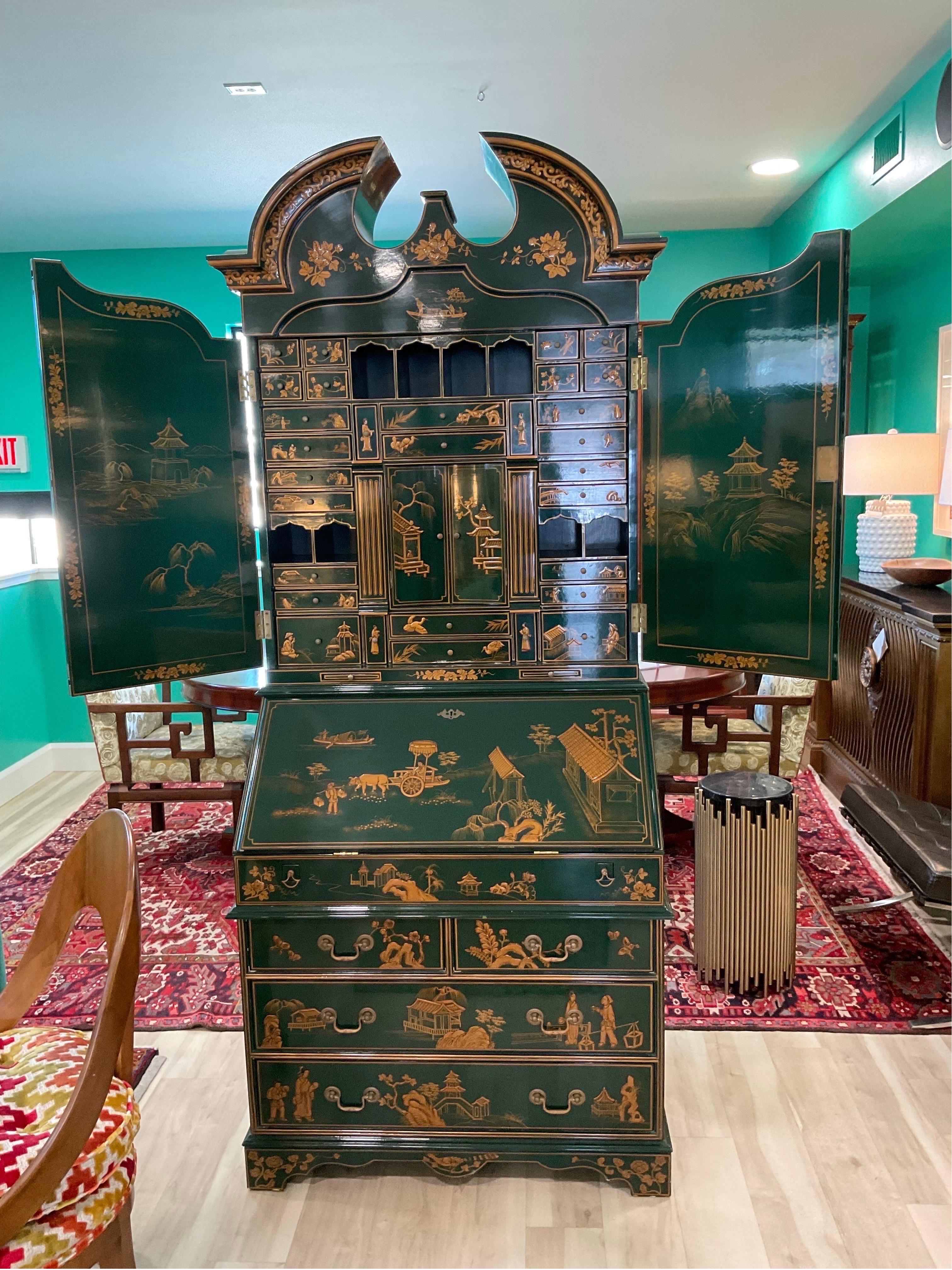 Magnificent early 1970’s Chinoiserie Secretary Desk in a decadent Emerald Green Lacquer from famed Maitland Smith. Stunning in person. Extraordinary color. Beautiful, beautiful piece. 


Condition Disclosure:
Please understand nearly all of our