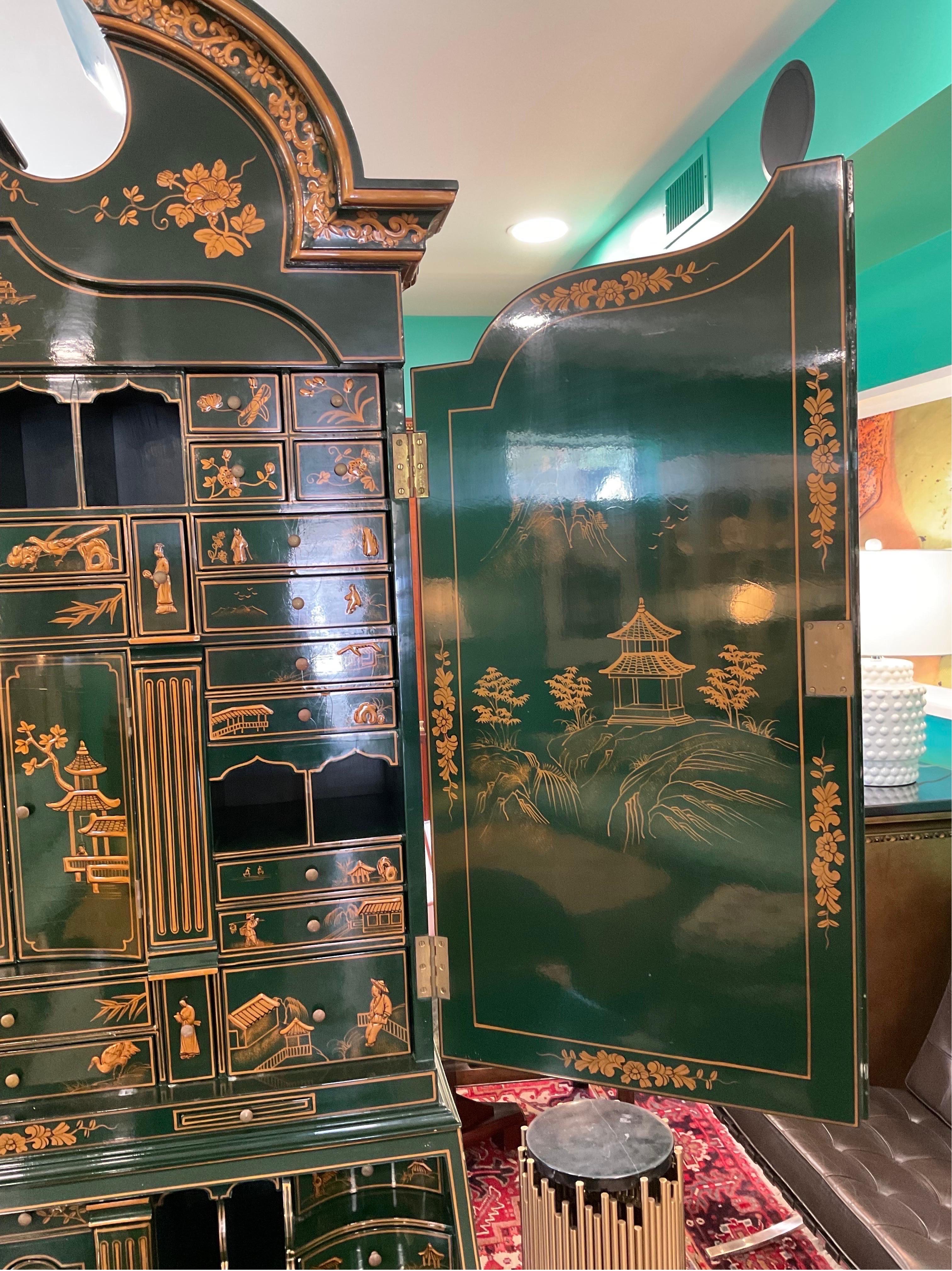 Late 20th Century Vintage Maitland-Smith Emerald Green Lacquered Chinoiserie Broken Pediment Secre