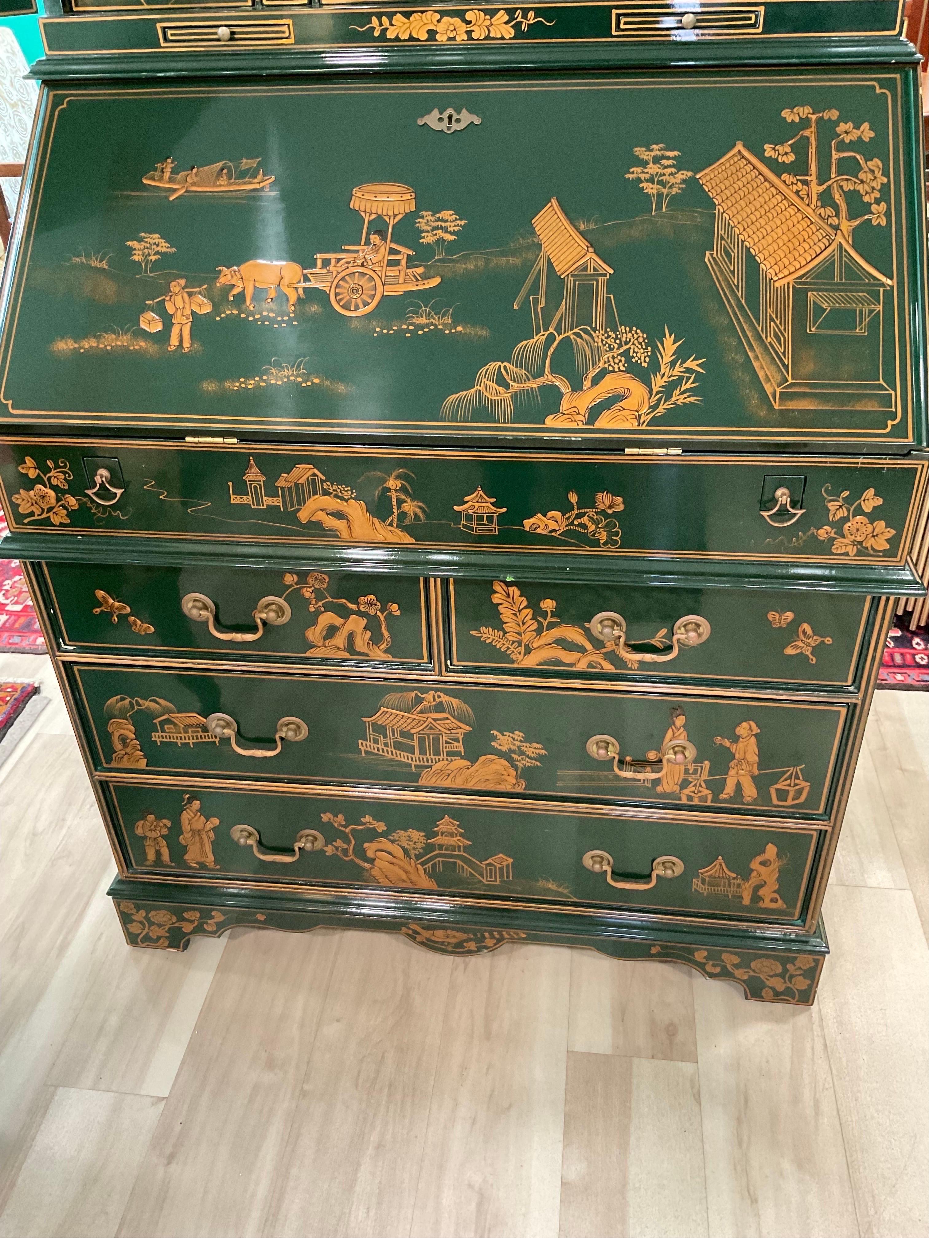 Vintage Maitland-Smith Emerald Green Lacquered Chinoiserie Broken Pediment Secre 3