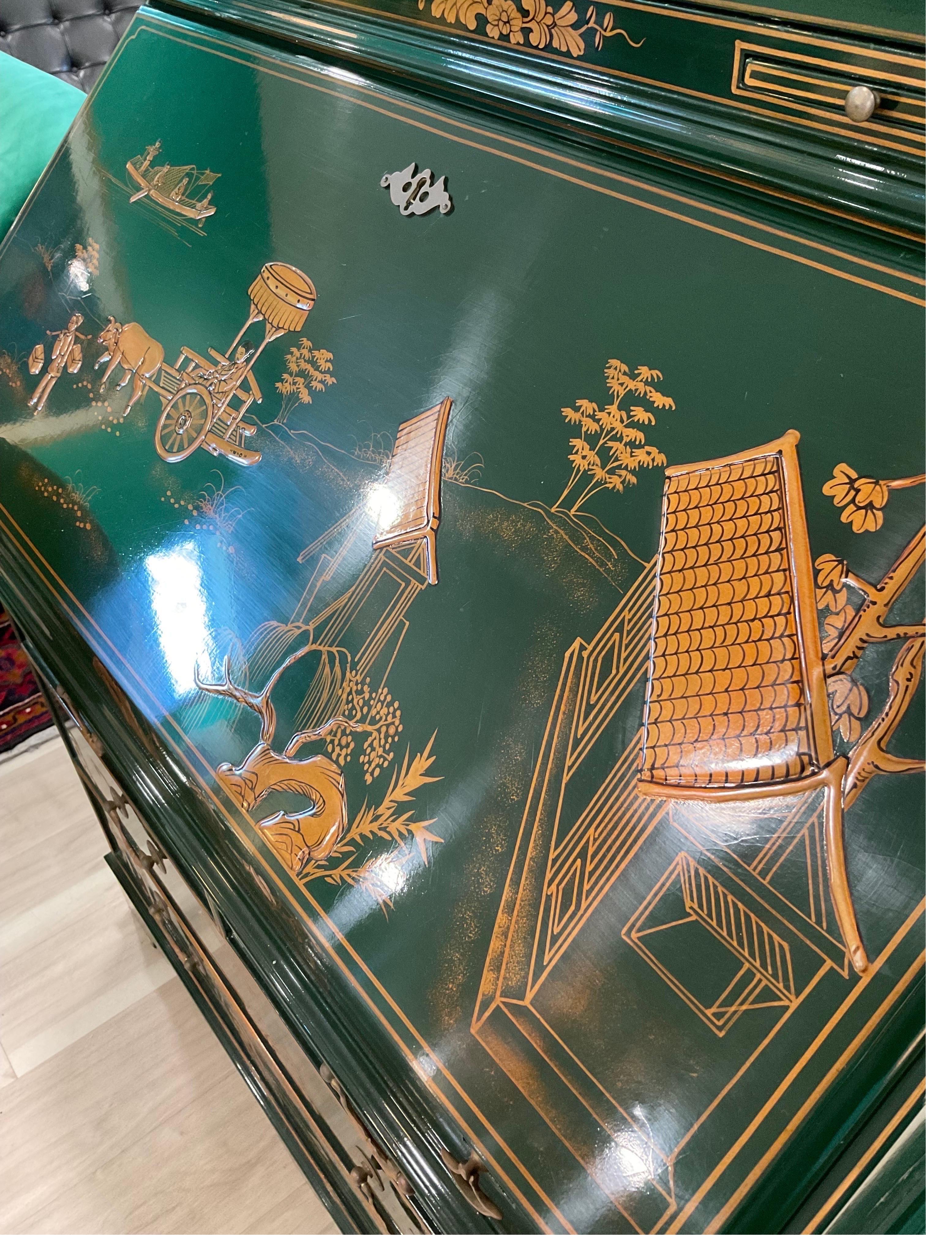 Vintage Maitland-Smith Emerald Green Lacquered Chinoiserie Broken Pediment Secre 4