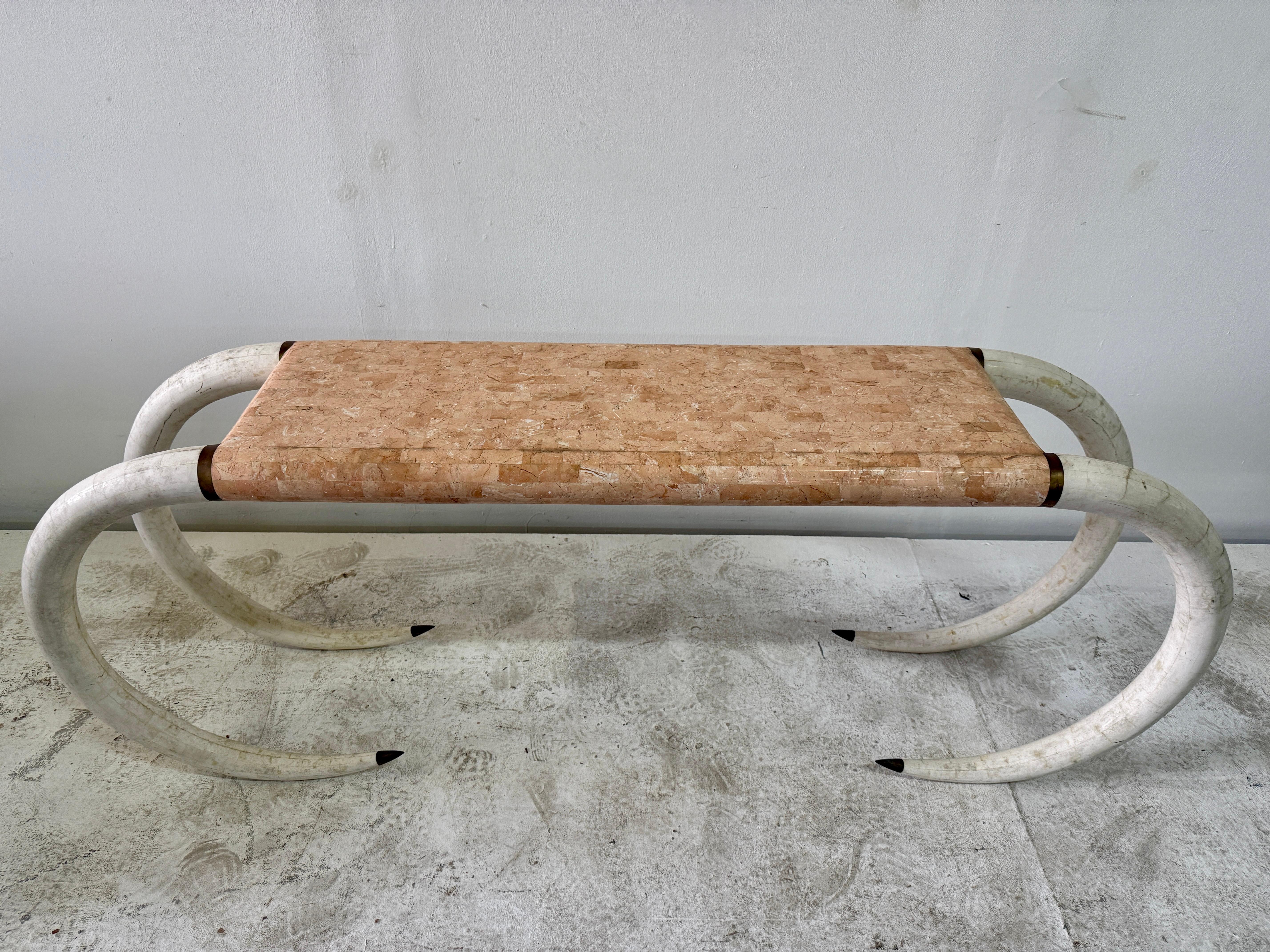 Vintage Maitland-Smith Faux Elephant Tusk & Tessellated Stone Console Table For Sale 3