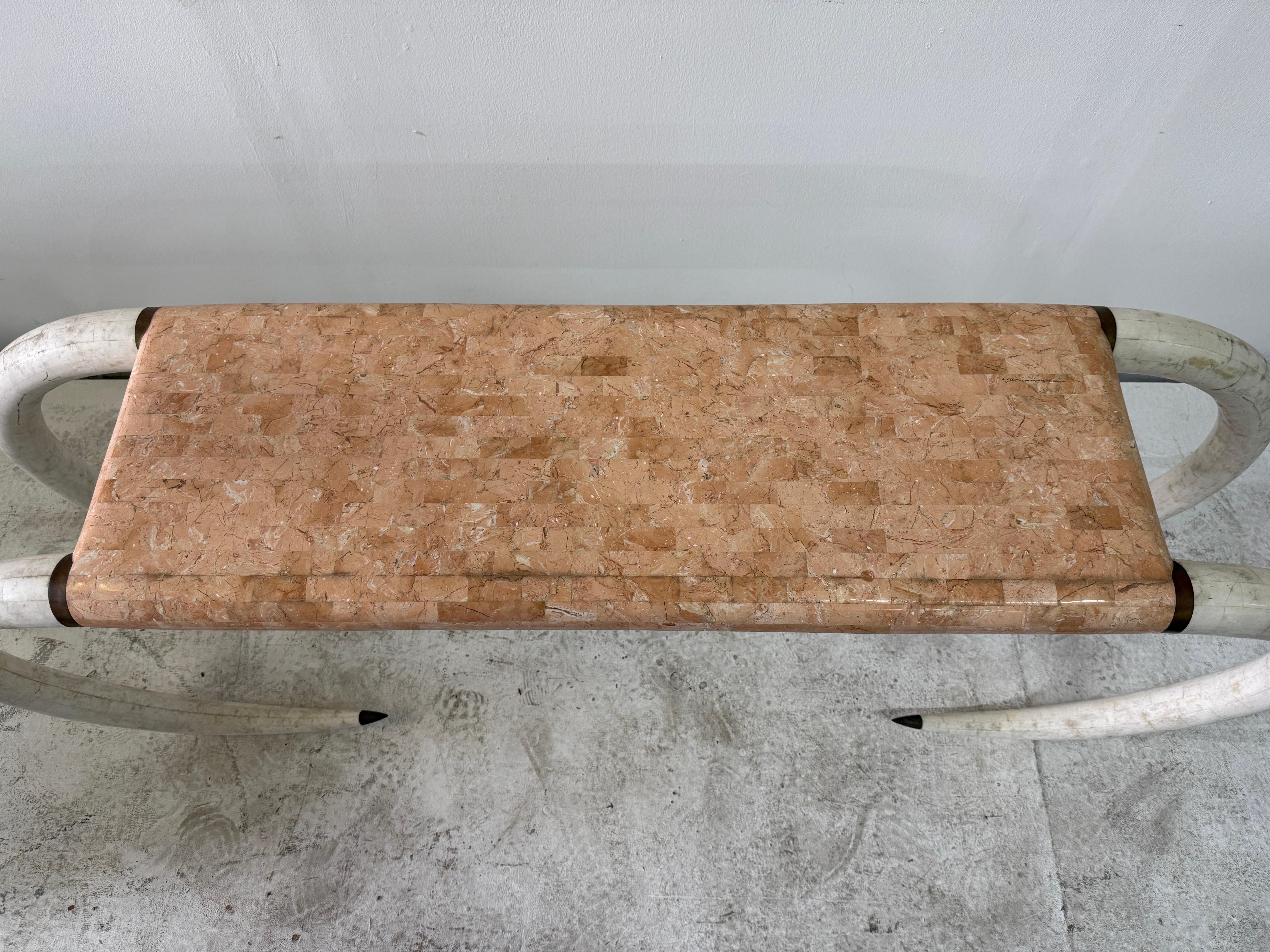 Late 20th Century Vintage Maitland-Smith Faux Elephant Tusk & Tessellated Stone Console Table For Sale