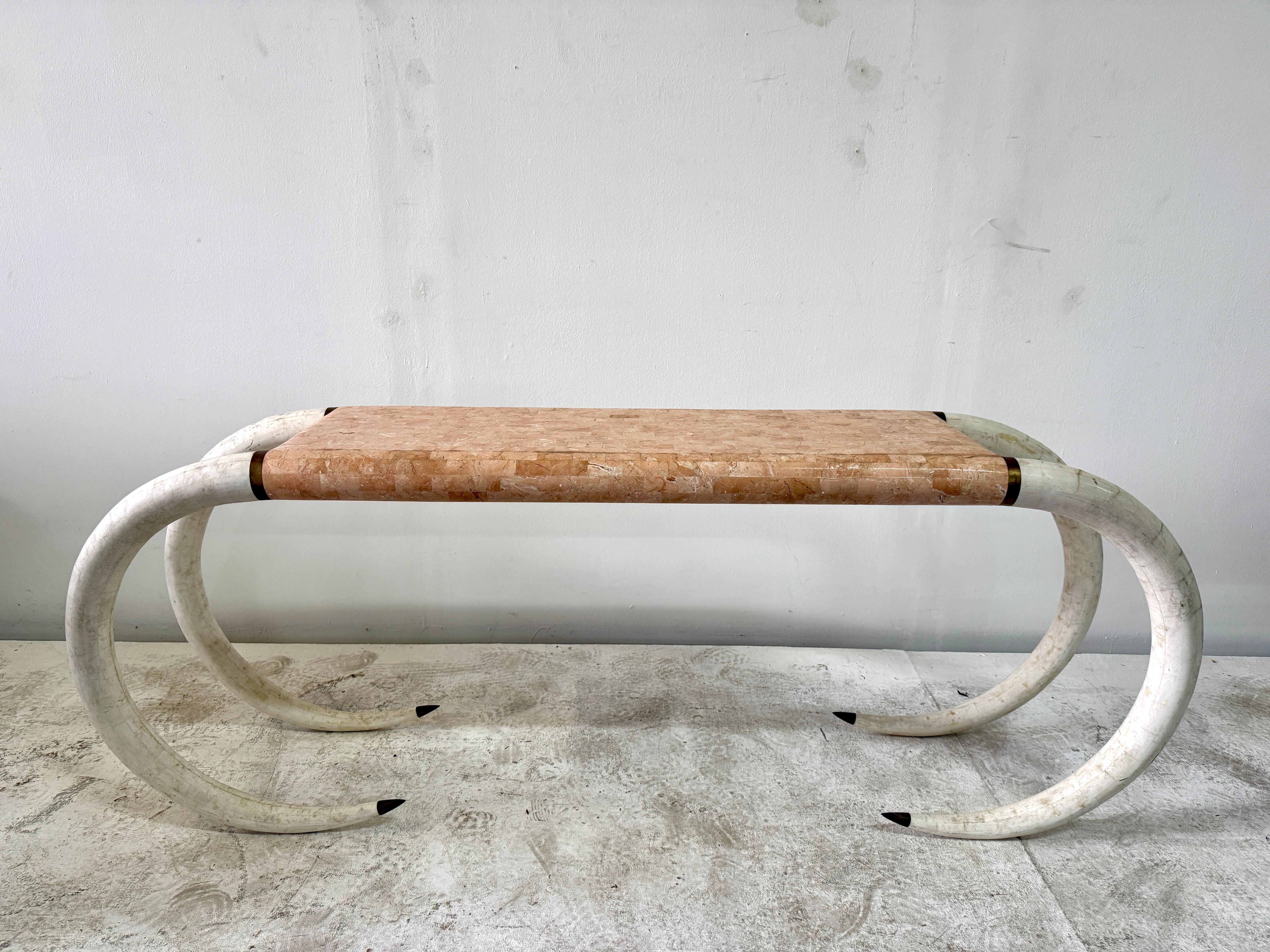 Brass Vintage Maitland-Smith Faux Elephant Tusk & Tessellated Stone Console Table For Sale