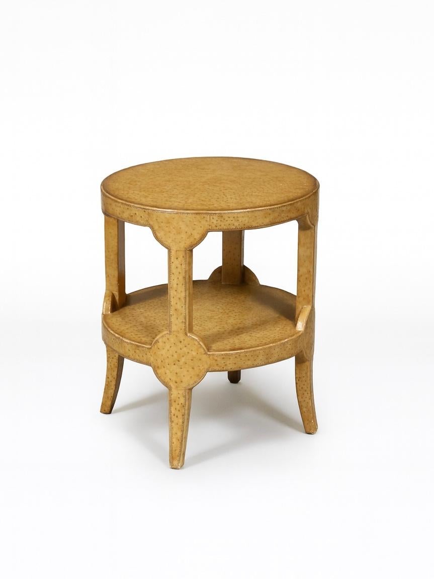 Condition: Original Vintage Condition
Designer: Paul Maitland-Smith
Manufacturer: Maitland-Smith Ltd
Materials: Faux Ostrich Leather

This vintage Maitland-Smith tiered side table is fully wrapped in leather that has been hand-finished with a faux