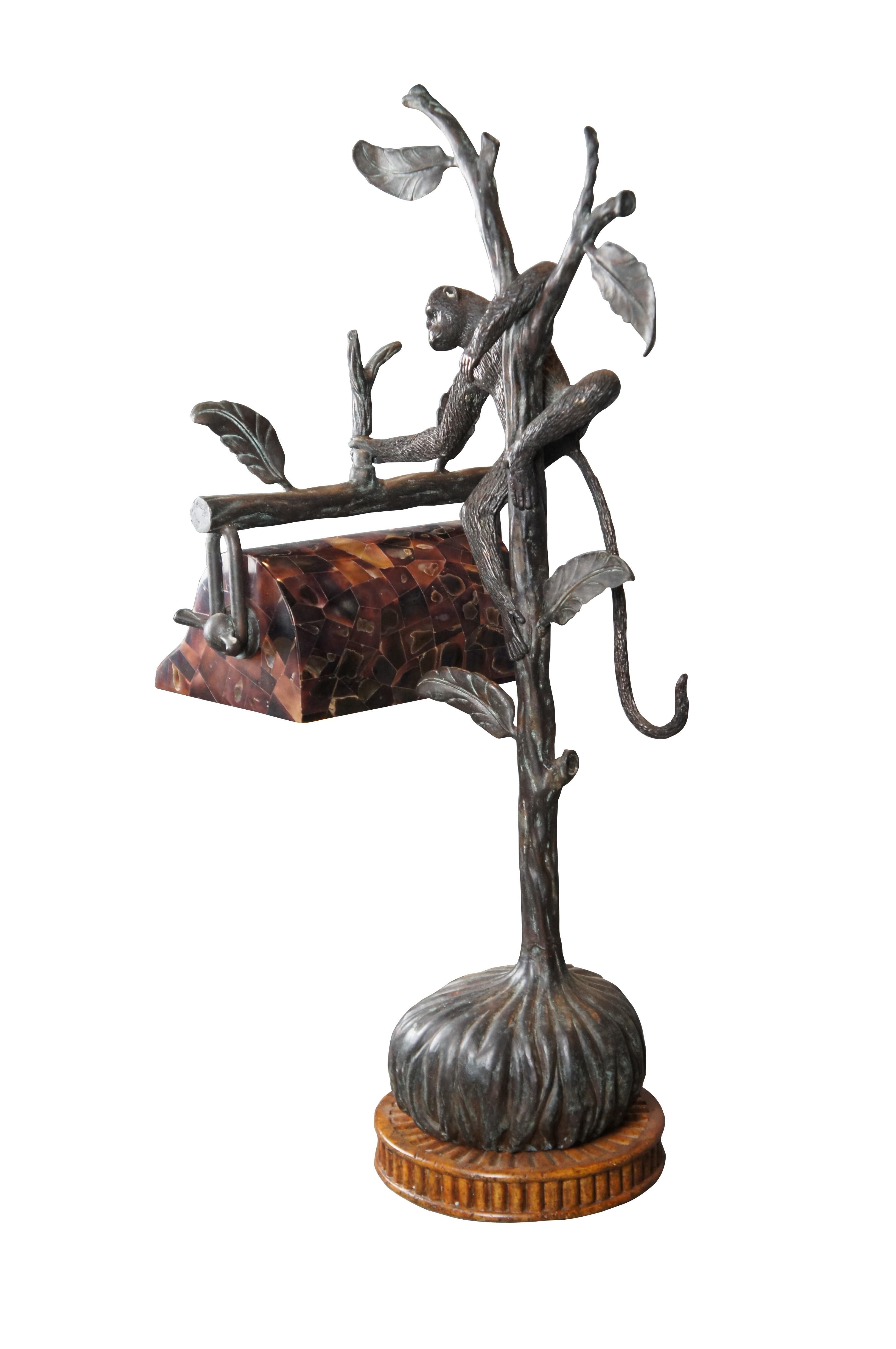 British Colonial Vintage Maitland Smith Figural Bronze Monkey Desk Lamp With Pen Shell Shade 27