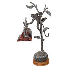 Vintage Maitland Smith Figurale Bronze-Affen-Schreibtischlampe mit Stiftschalenschirm 27"