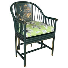 Vintage Maitland-Smith Hand-Painted Chinoiserie Armchair Custom Palm Cushion