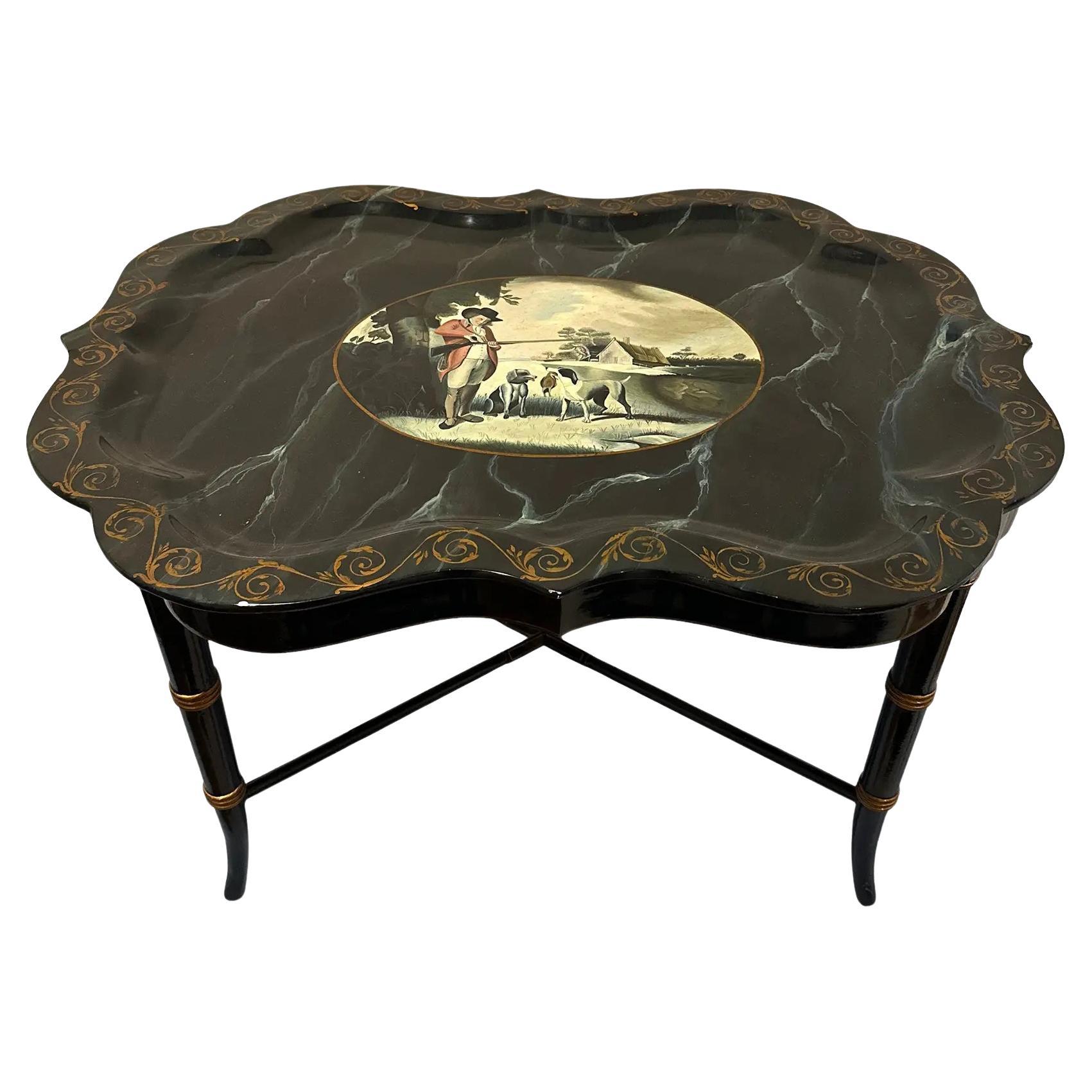 Table à plateau vintage Maitland Smith, peinte à la main et laquée, pour la chasse aux oiseaux