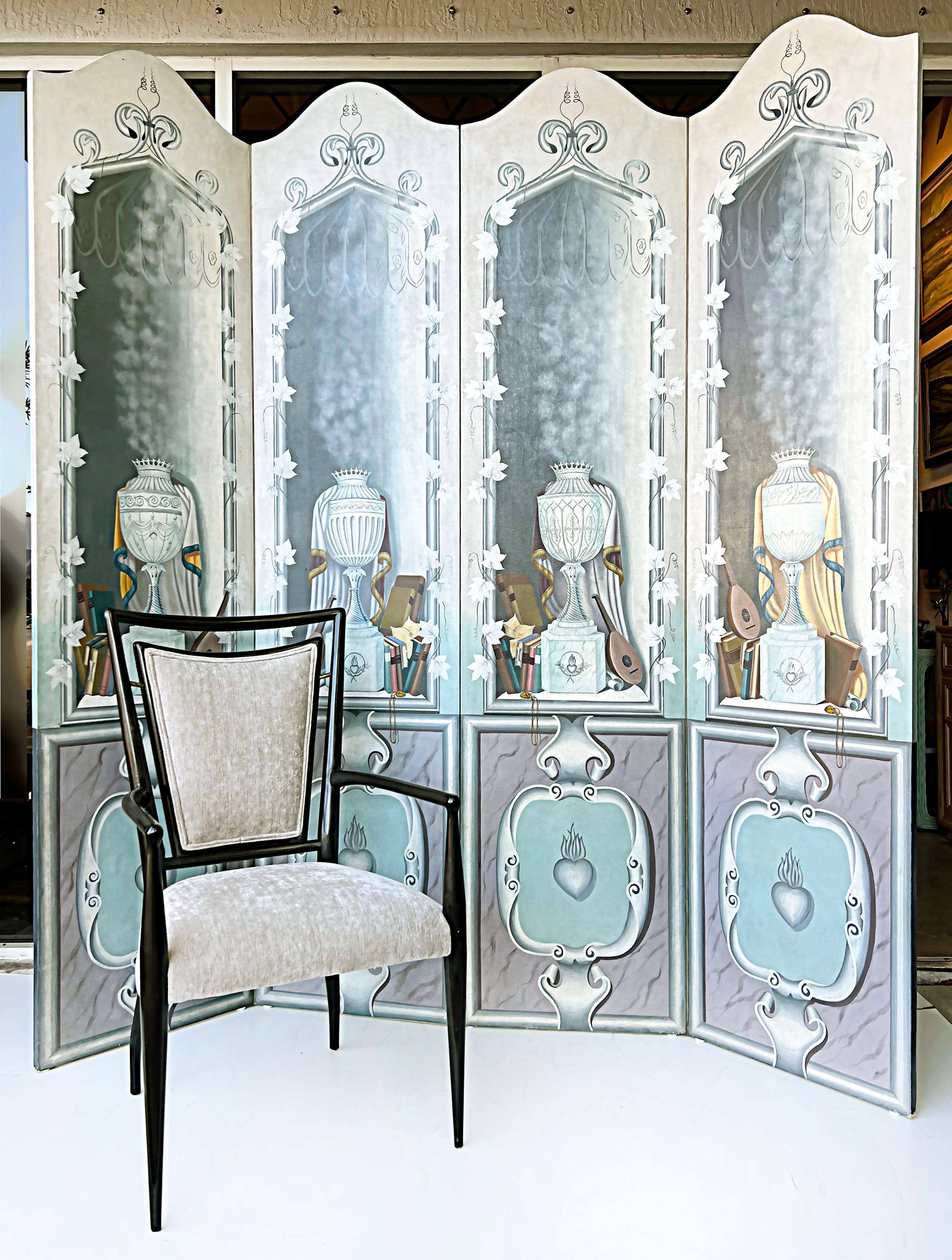 Vintage Maitland Smith Hand Painted Screen In Neoclassical Style, 4 Panels

 Offered for sale is a lovely hand-painted four-panel folding screen room divider that has been painted in the Neoclassical style. The screen has floral and urn motif