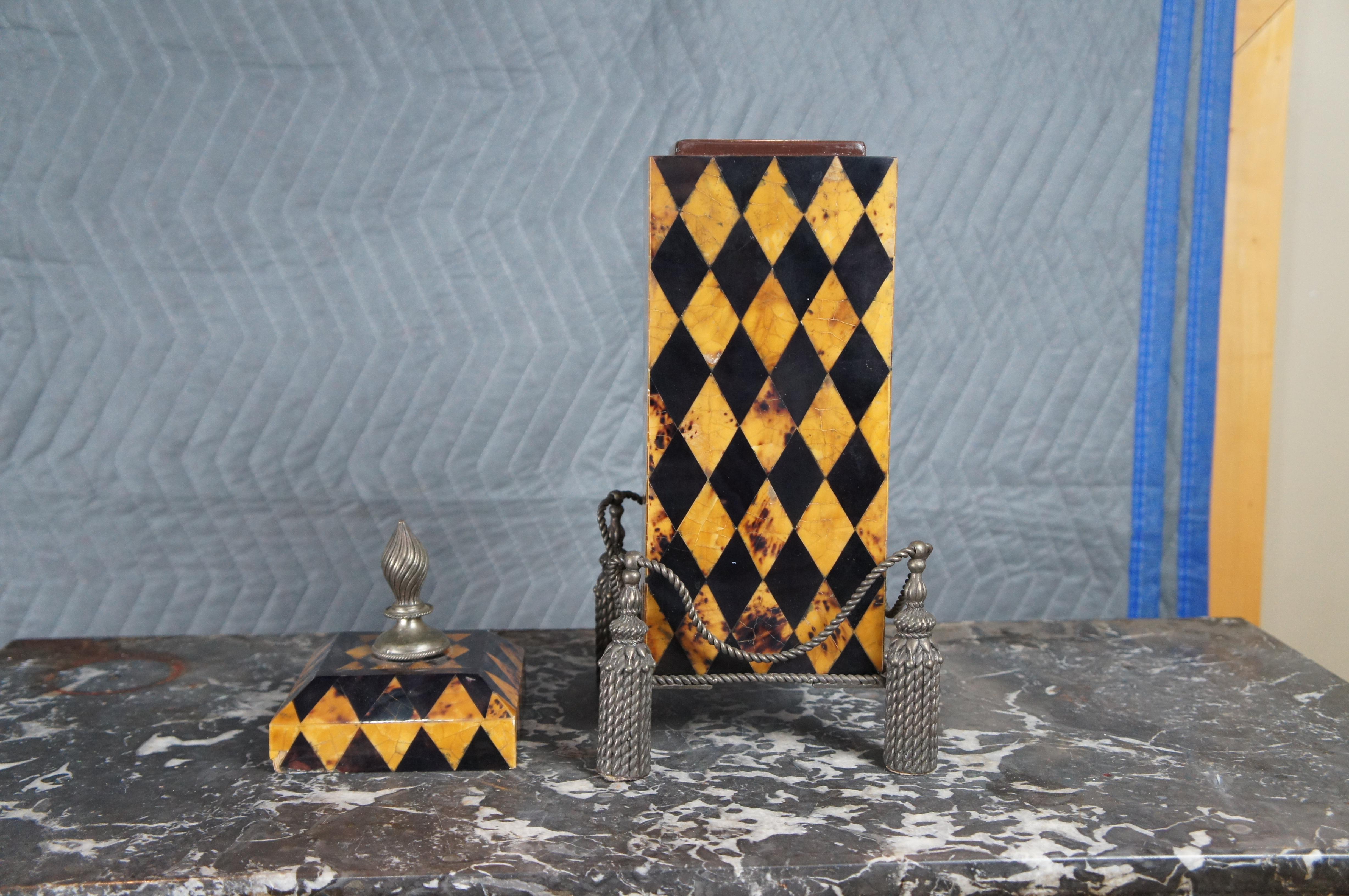 Vintage Maitland Smith Harlequin Penshell Brass Footed Decorative Modern Box Urn For Sale 5
