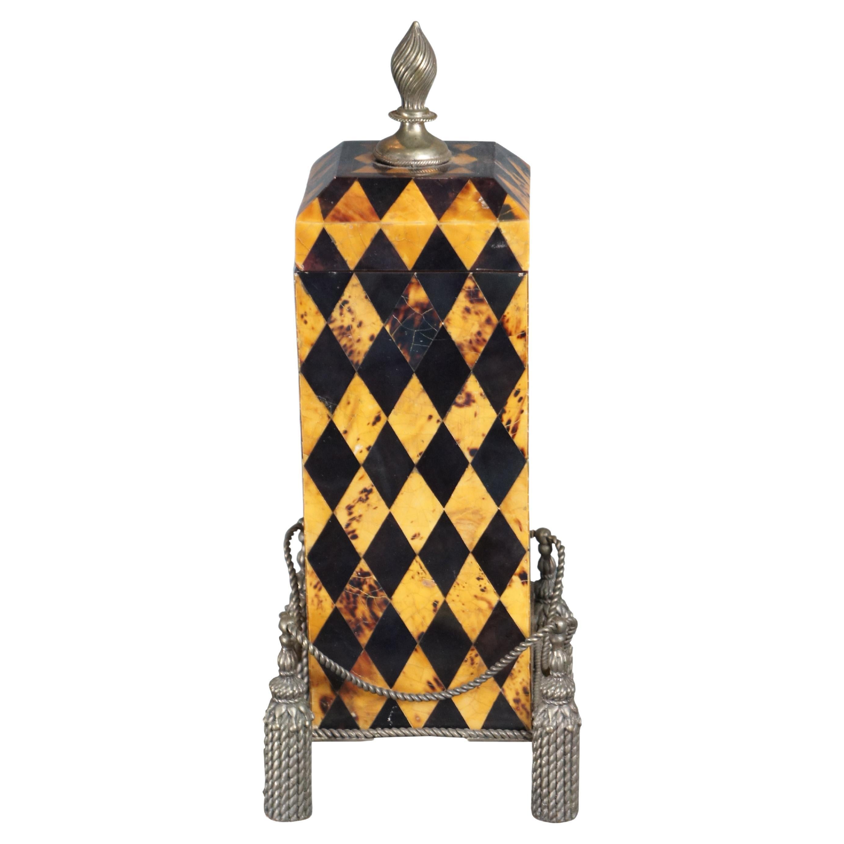 Vintage Maitland Smith Harlequin Penshell Brass Footed Decorative Modern Box Urn For Sale