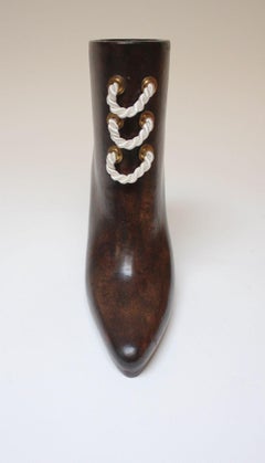 Vintage Maitland Smith Laced High Heel Boot Vase in Mahogany and Leatherette