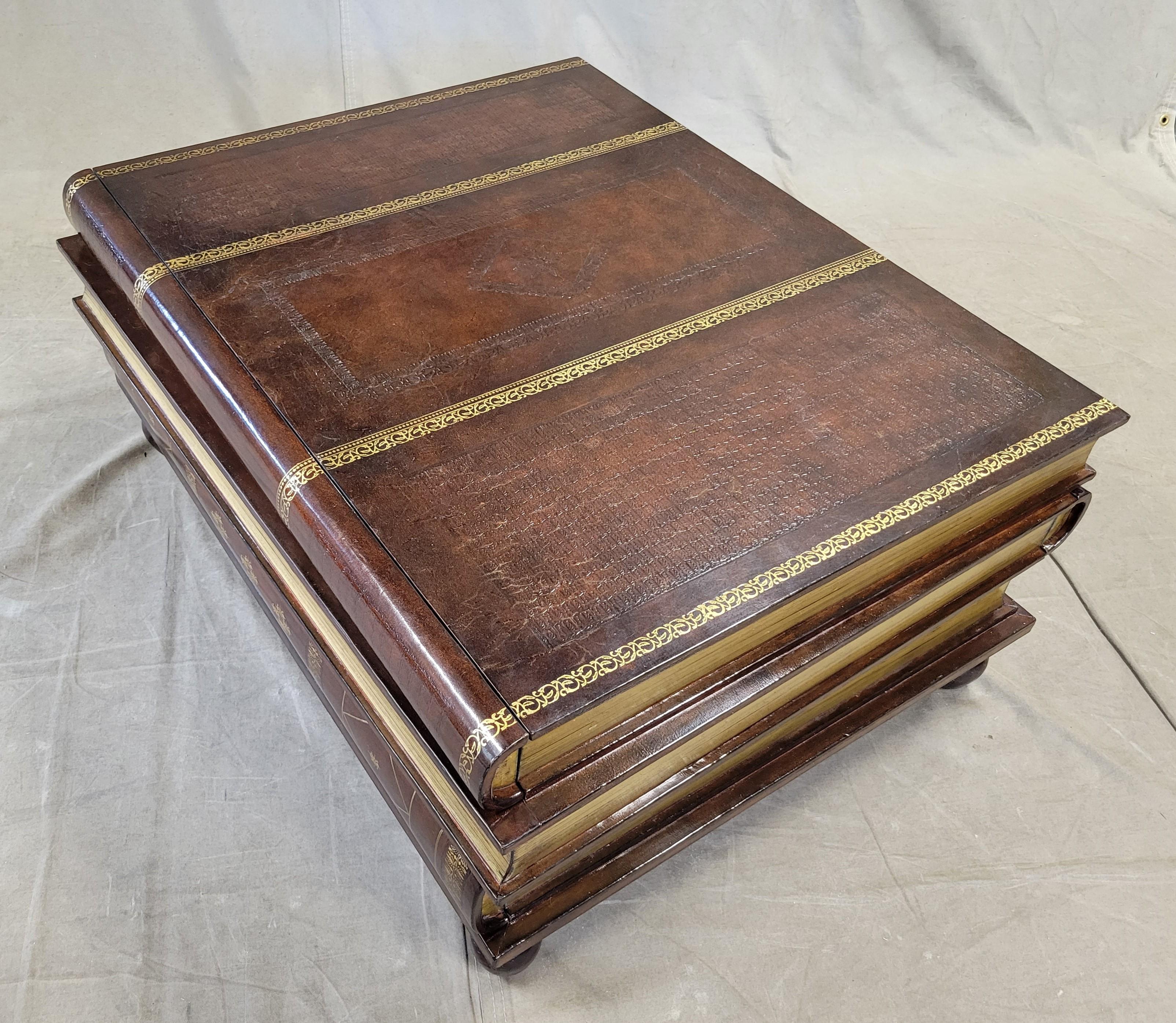 Other Vintage Maitland-Smith Leather and Wood Stacked Book Three Drawer Coffee Table