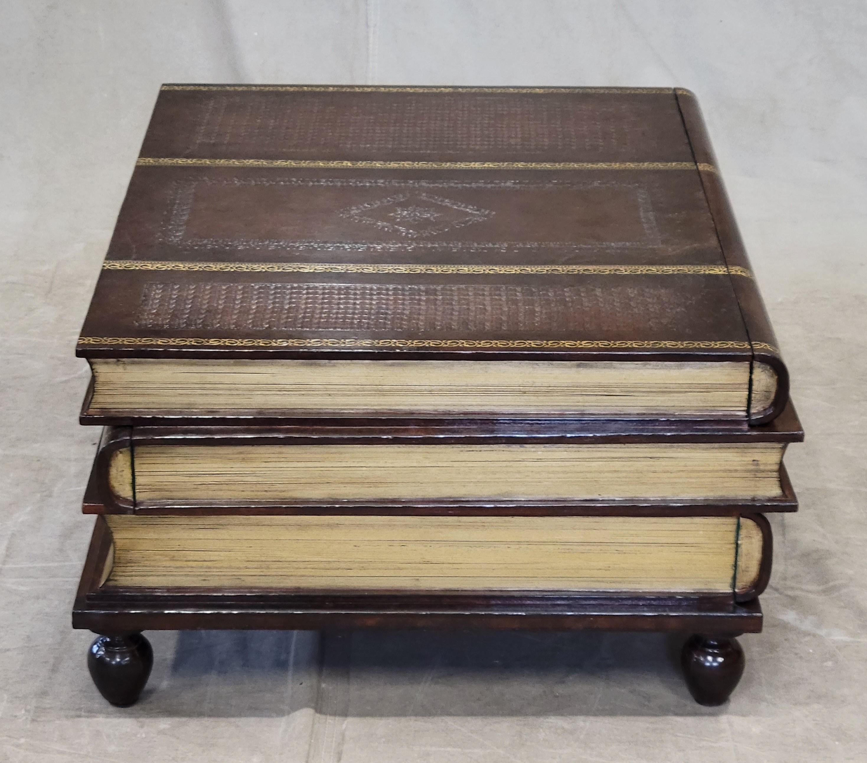 Philippine Vintage Maitland-Smith Leather and Wood Stacked Book Three Drawer Coffee Table