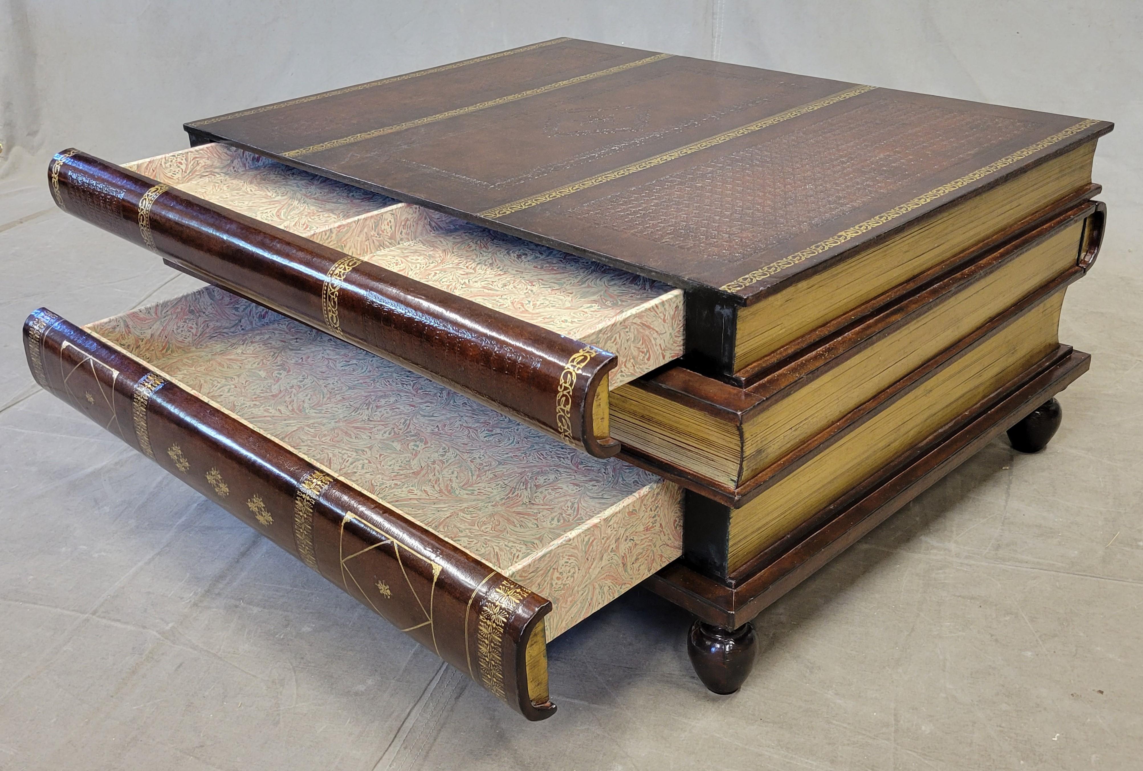Hand-Crafted Vintage Maitland-Smith Leather and Wood Stacked Book Three Drawer Coffee Table