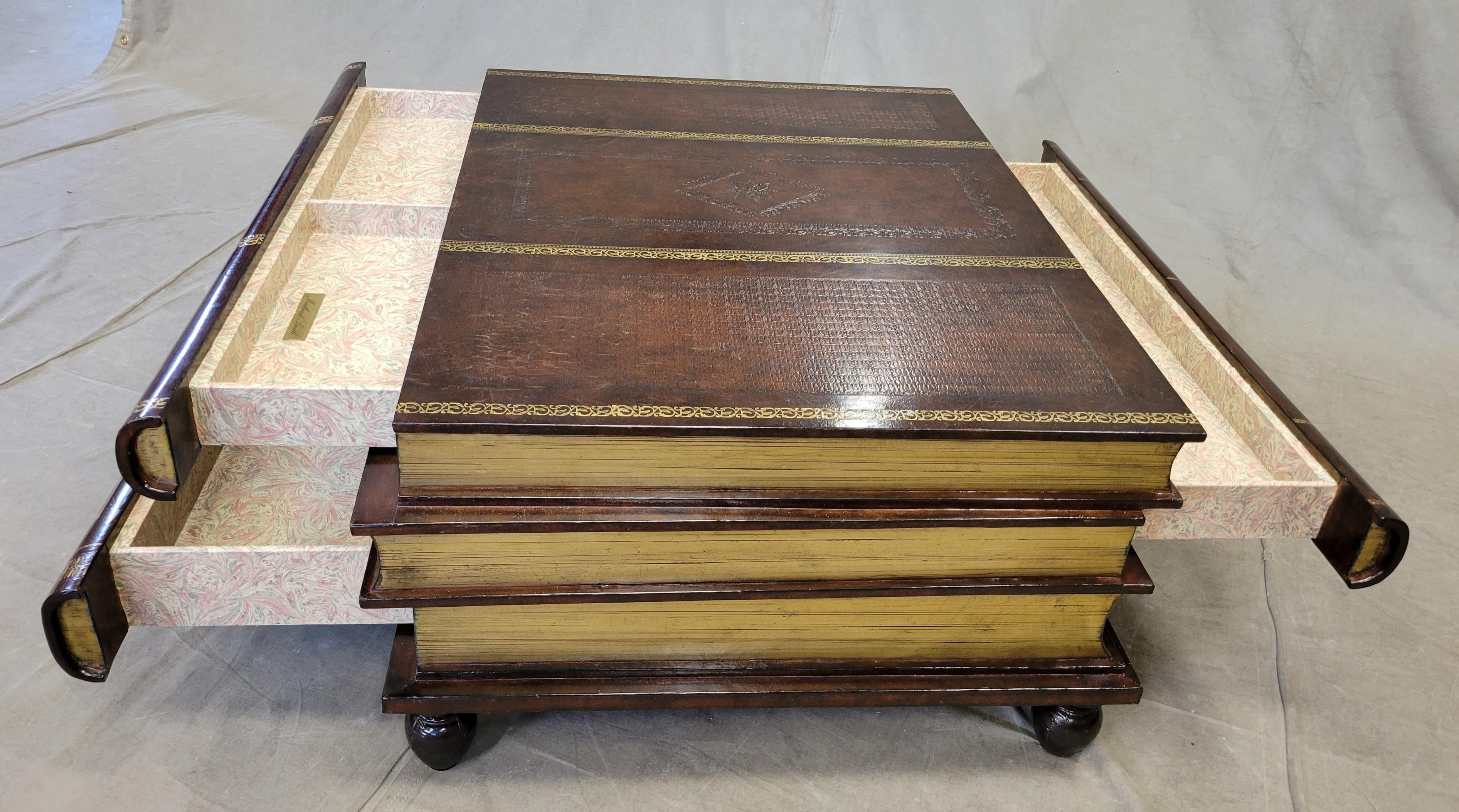 Vintage Maitland-Smith Leather and Wood Stacked Book Three Drawer Coffee Table In Good Condition In Centennial, CO