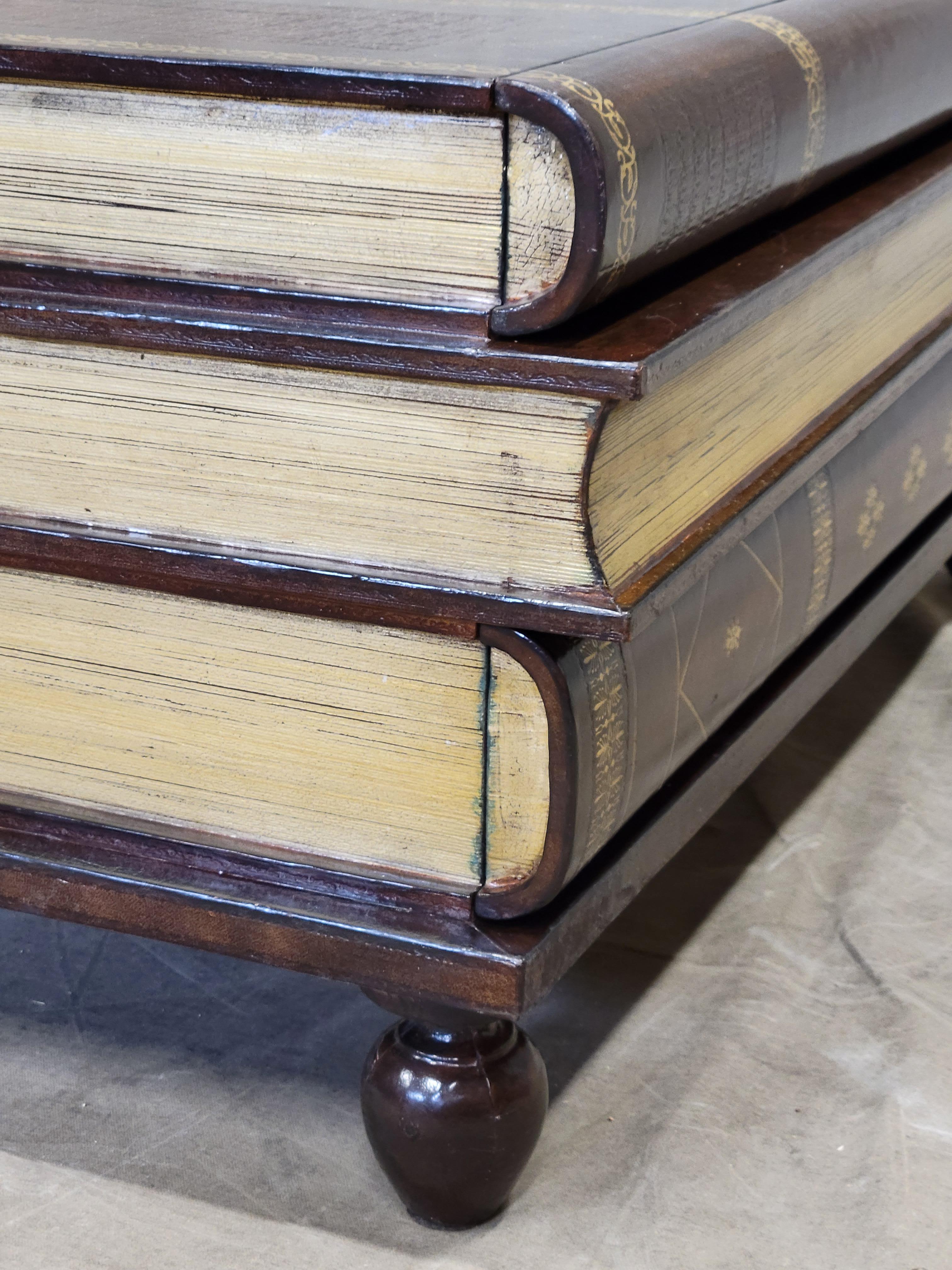 20th Century Vintage Maitland-Smith Leather and Wood Stacked Book Three Drawer Coffee Table