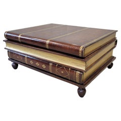 Vintage Maitland-Smith Leather and Wood Stacked Book Three Drawer Coffee Table