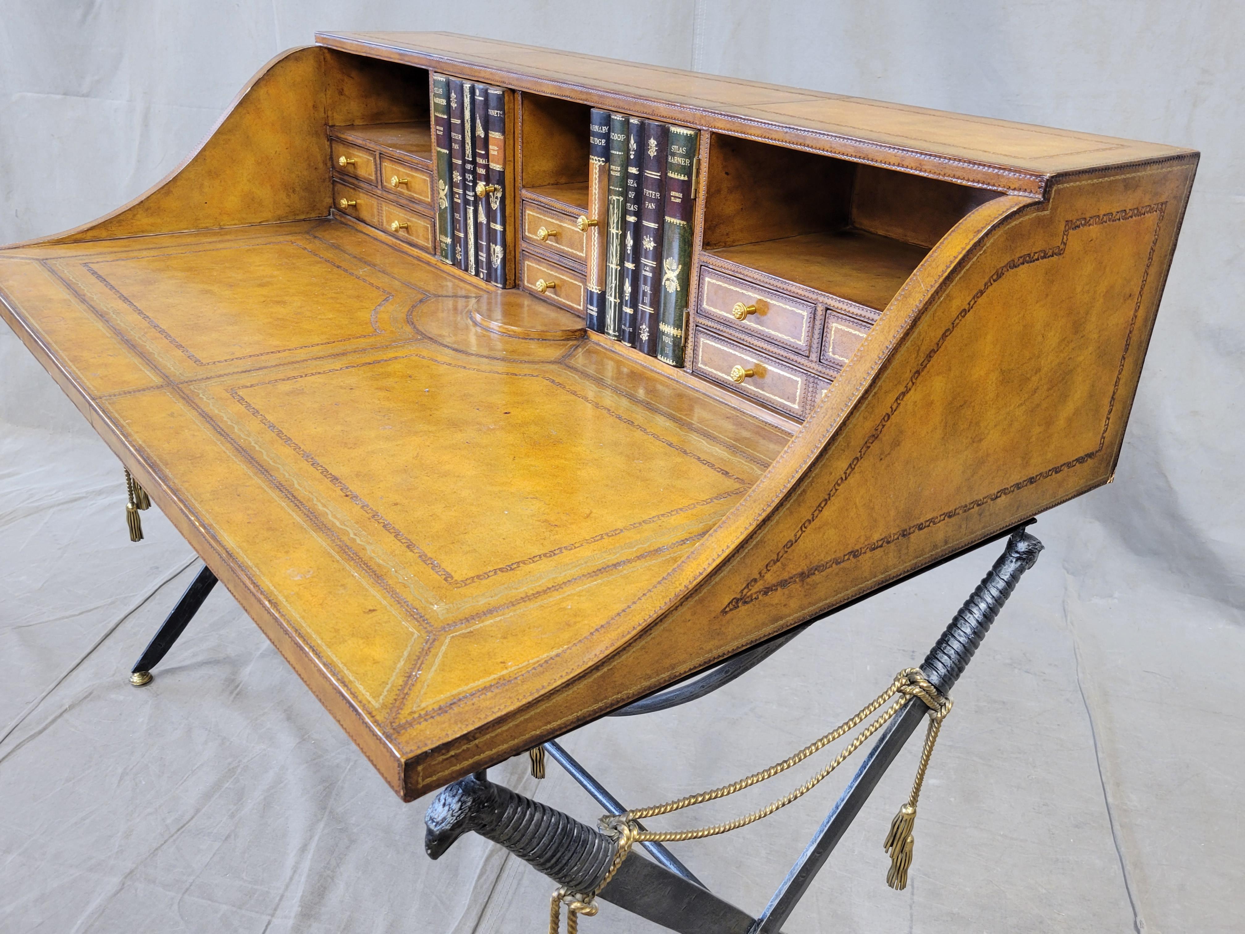 British Colonial Vintage Maitland-Smith Leather Clad British Campaign Desk With Steel Sword Base